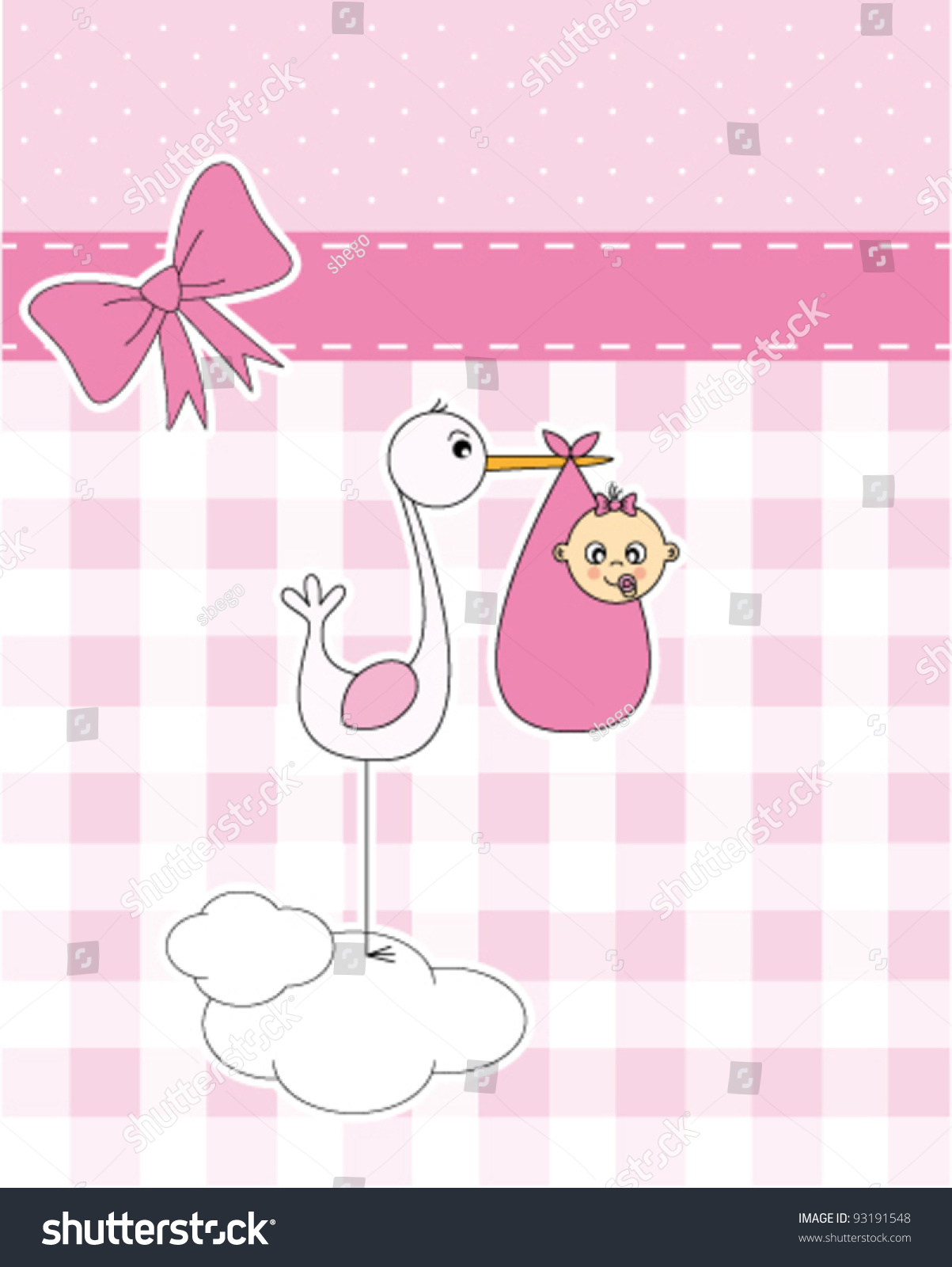 Baby Girl Arrival Announcement Card. Stork With Newborn Baby Stock ...