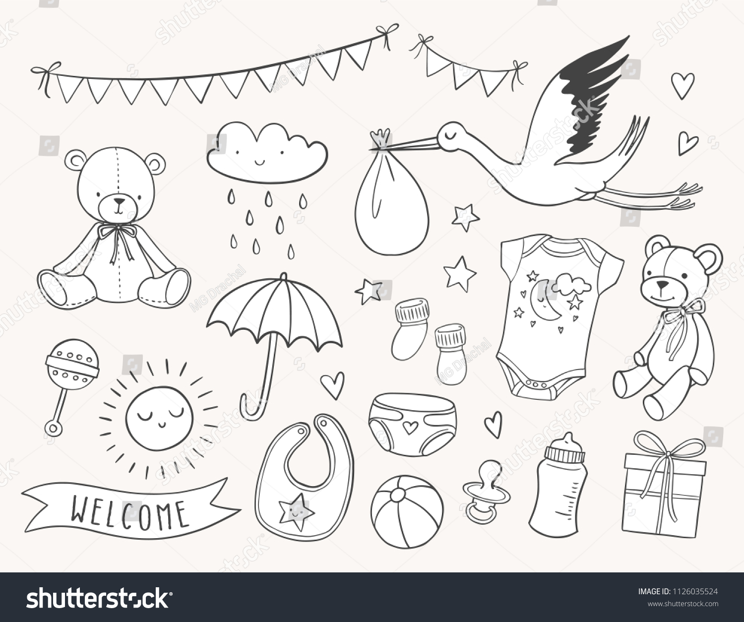 SVG of Baby shower hand drawn set. New baby items and icons. Cute doodle illustrations including teddy bear, baby clothes, bib, bottle, cloud, bunting banners, diaper, stork. svg