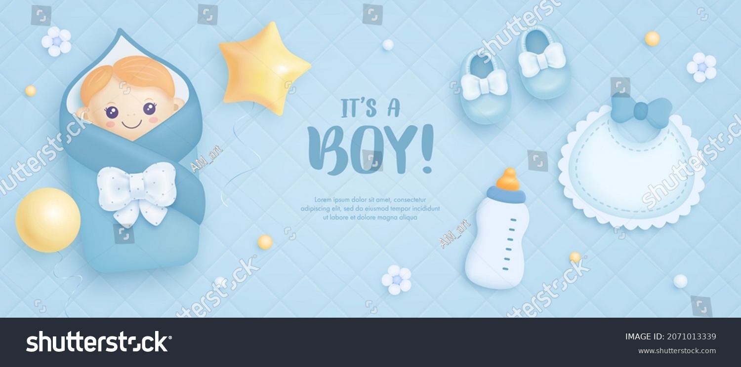 SVG of Baby shower horizontal banner with cartoon baby boy, shoes, bottle, bib and helium balloons on blue background. It's a boy. Vector illustration svg