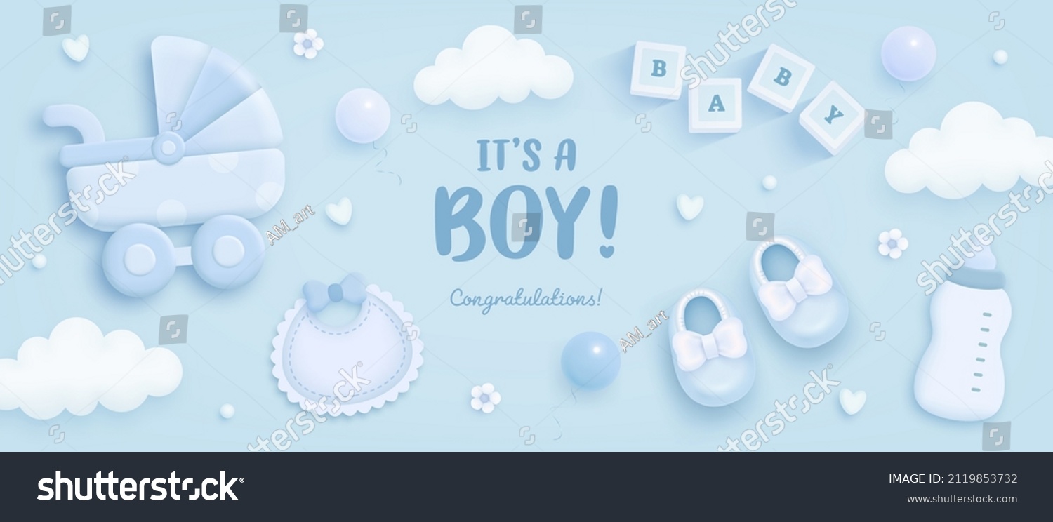 SVG of Baby shower horizontal banner with cartoon baby carriage, bib, bottle, helium balloons and clouds on blue background. It's a boy. Vector illustration svg
