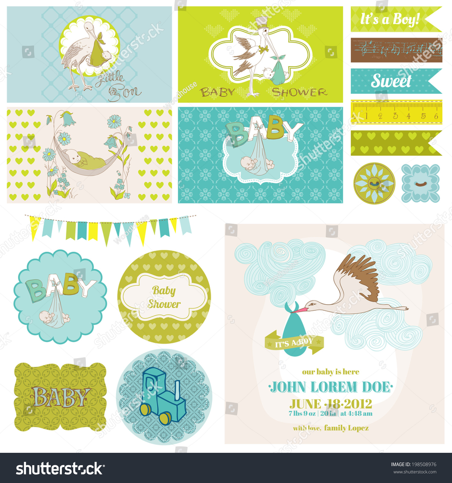 Baby Shower Stork Theme Set Party Stock Vector Royalty Free