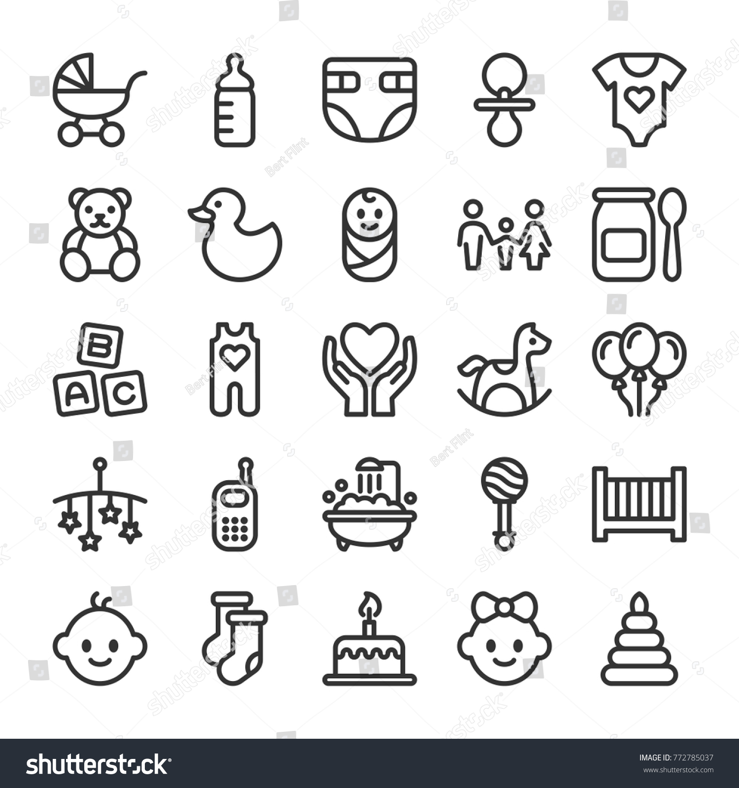 SVG of Baby toys, feeding and care icons set. Line style svg