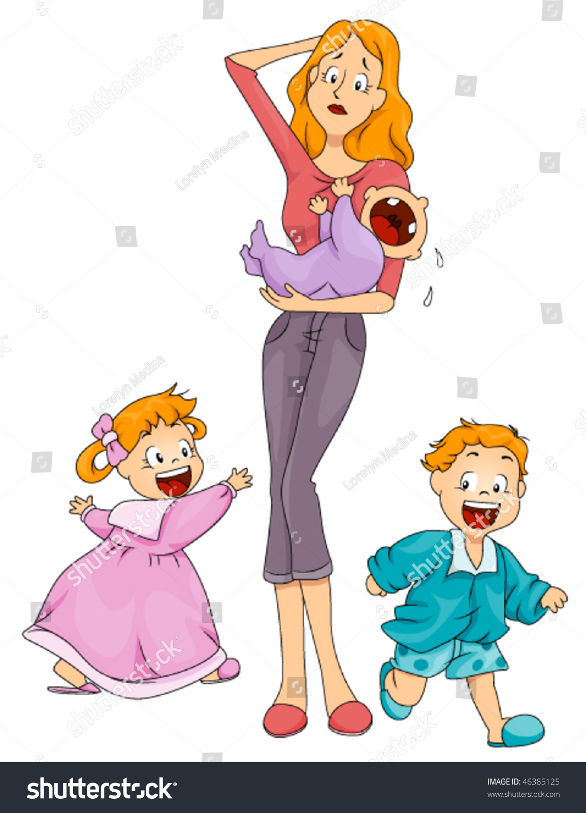 Babysitter Nanny Mother Taking Care Three Stock Vector Royalty Free