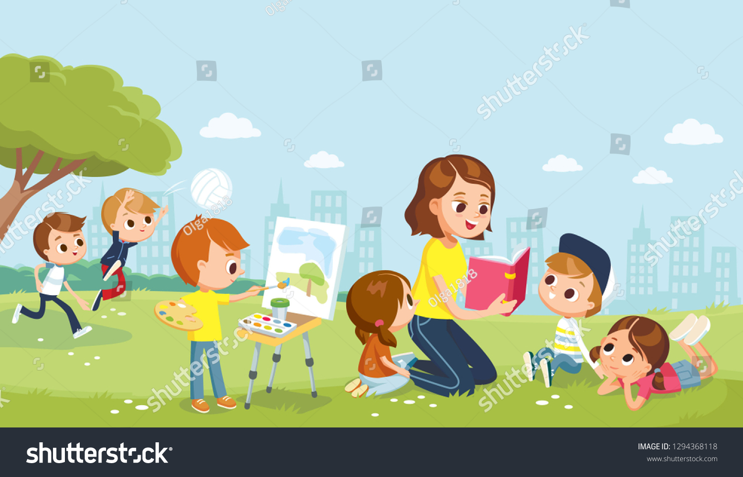 Babysitter Kids Park Mum Reading Book Stock Vector Royalty Free