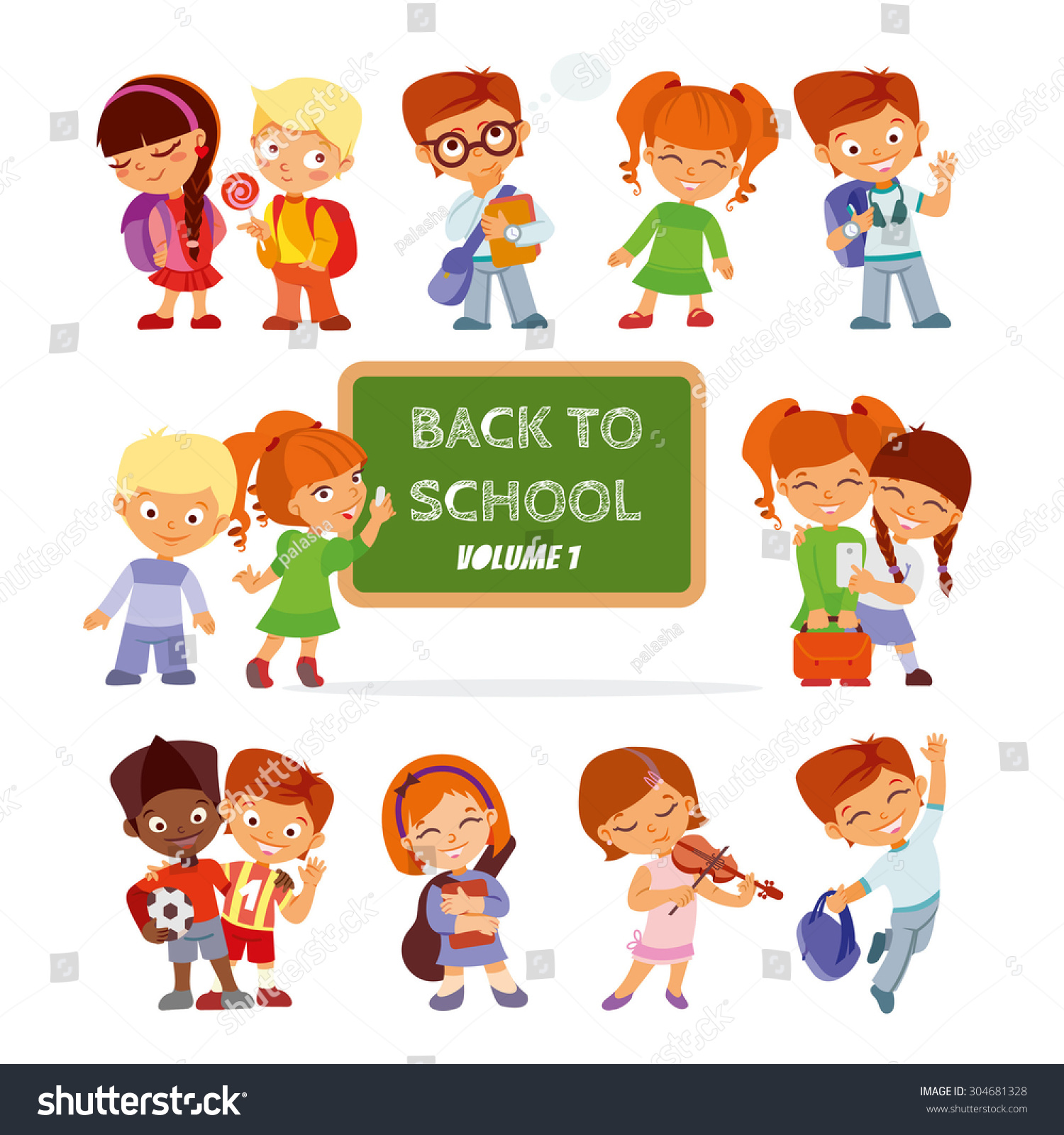 Back School Set Cute Cartoon Childrenpupilsboys Stock Vector Royalty Free