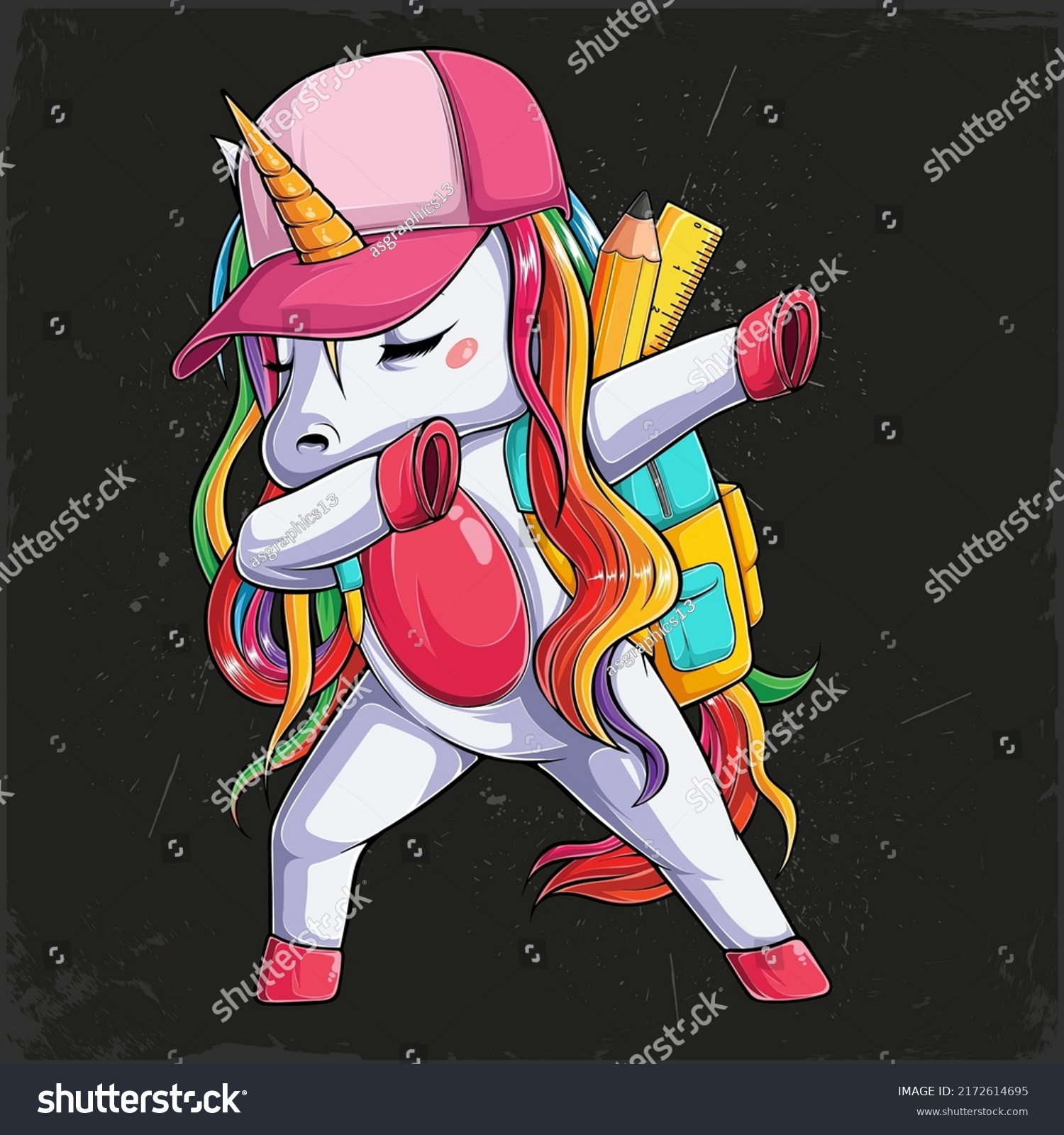 SVG of Back to school funny unicorn wearing pink cap and backpack with crayon and rule doing dabbing dance svg