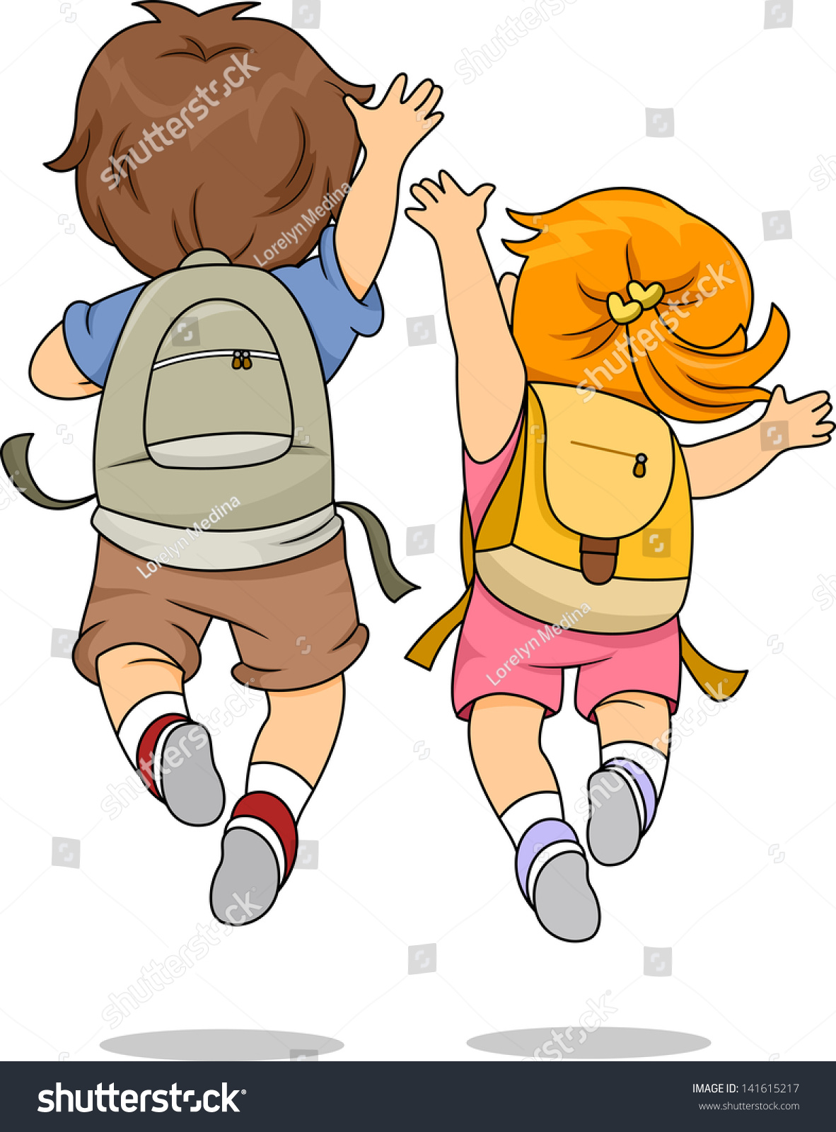 stock-vector-back-view-illustration-of-little-male-and-female-kids-wearing-backpacks-jumping-merrily-141615217.jpg (1181×1600)
