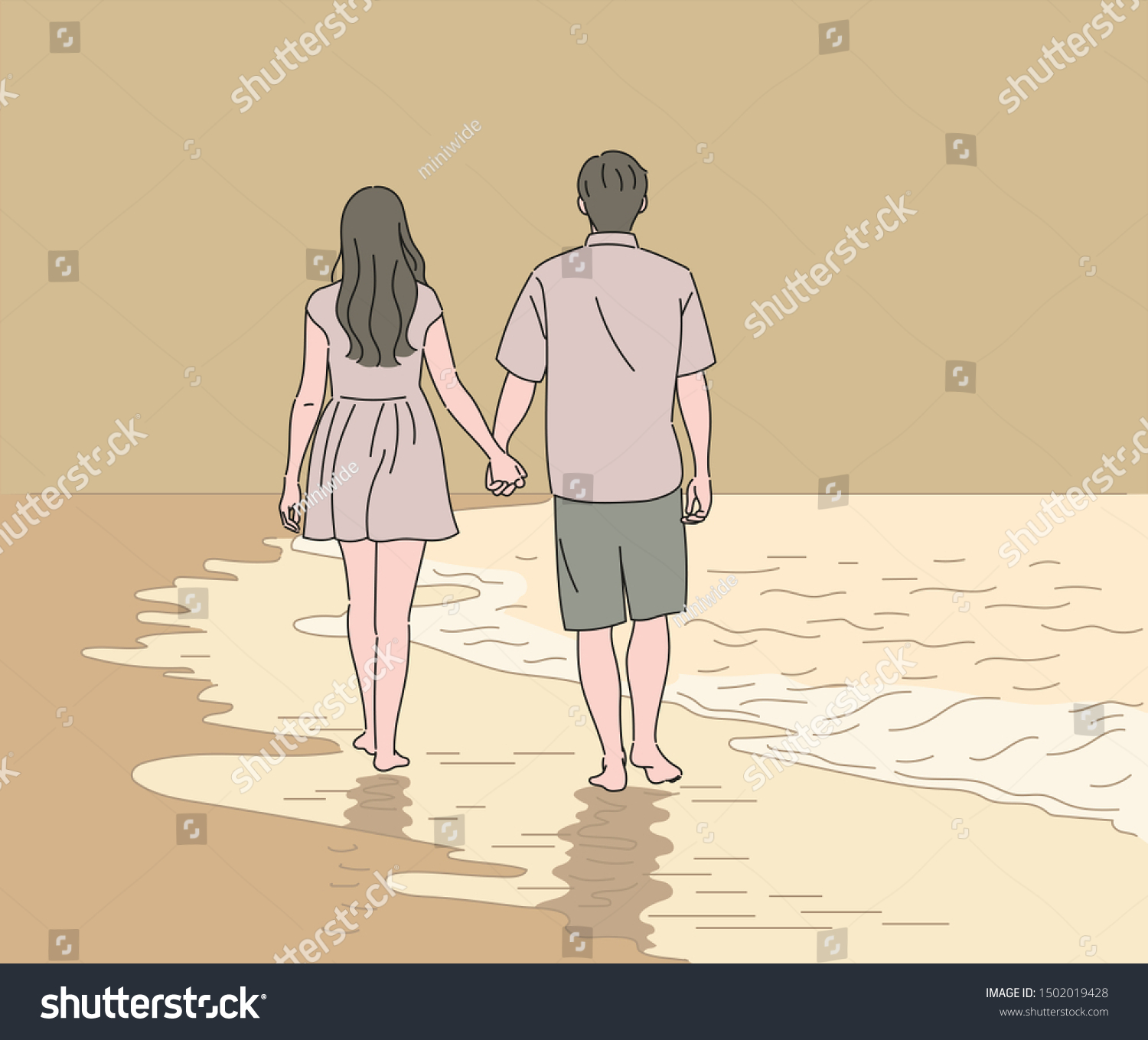Back View Couple Holding Hands Walking Stock Vector Royalty Free