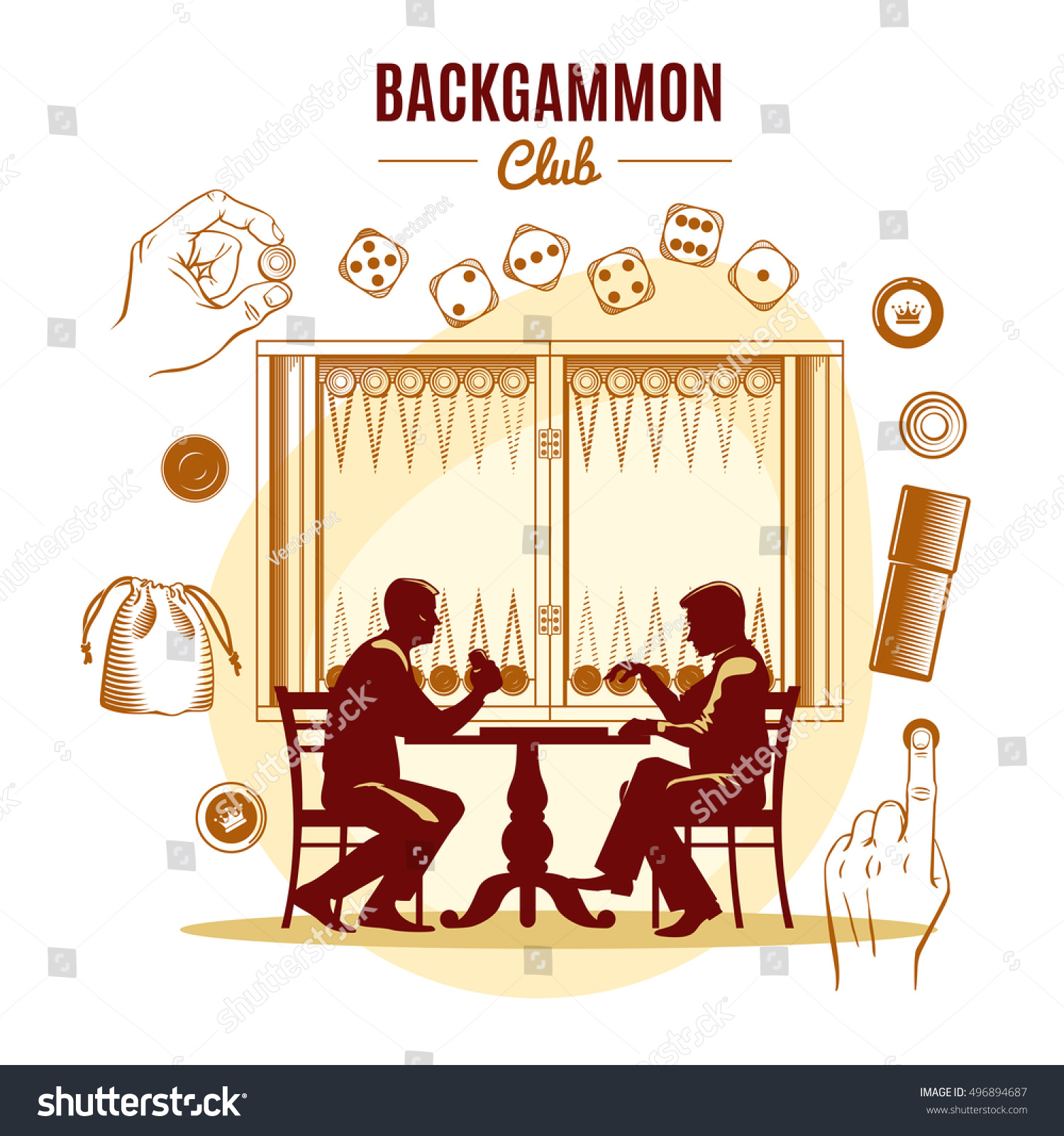 SVG of Backgammon club vintage style design with dice chips silhouettes of men on game board background vector illustration svg