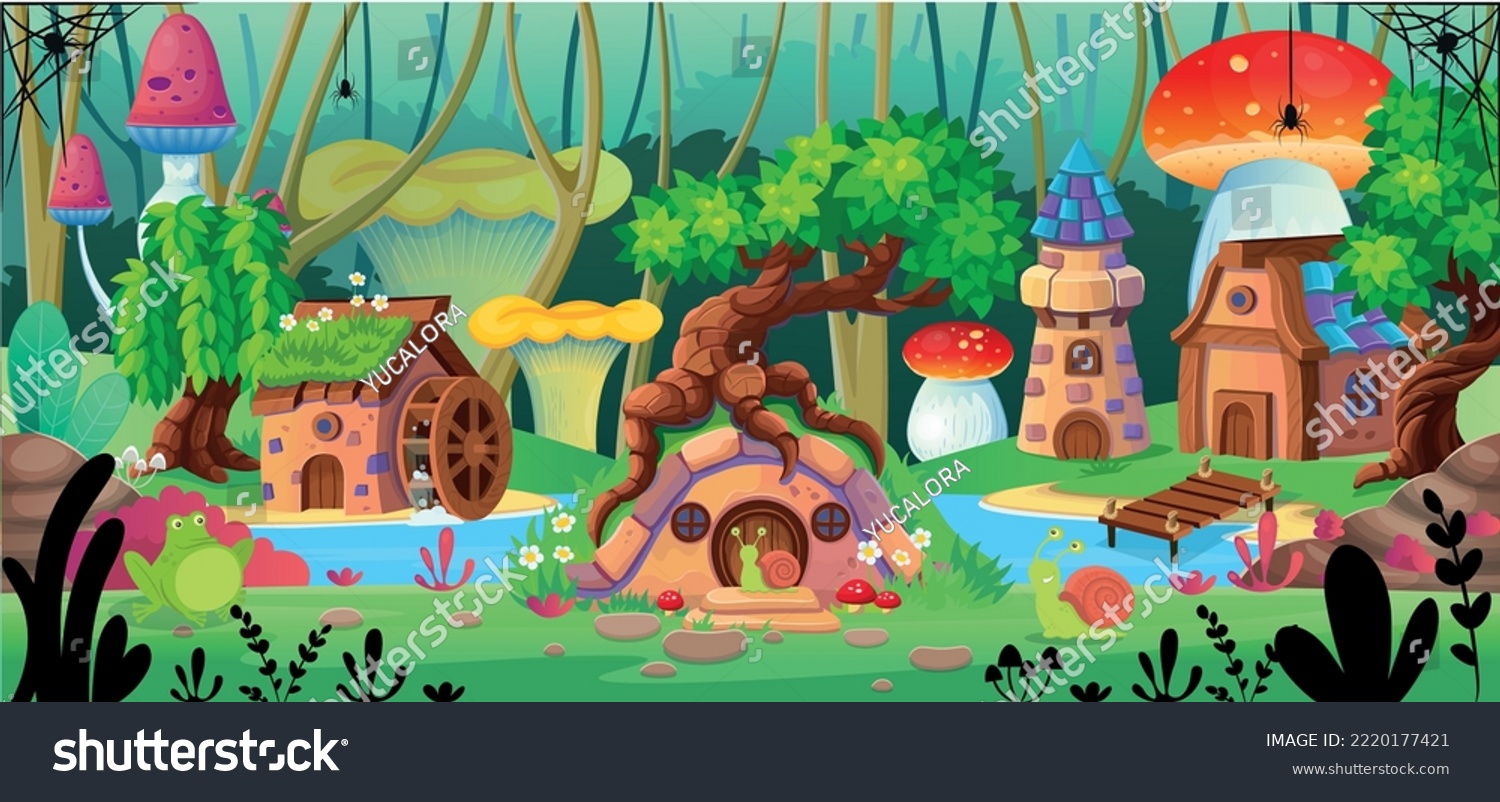 SVG of Background for games and mobile applications.  Landscape with houses of hobbits and gnomes a river. Fantasy   tower and a house with a water wheel on the island. Vector cartoon landscape.
 svg