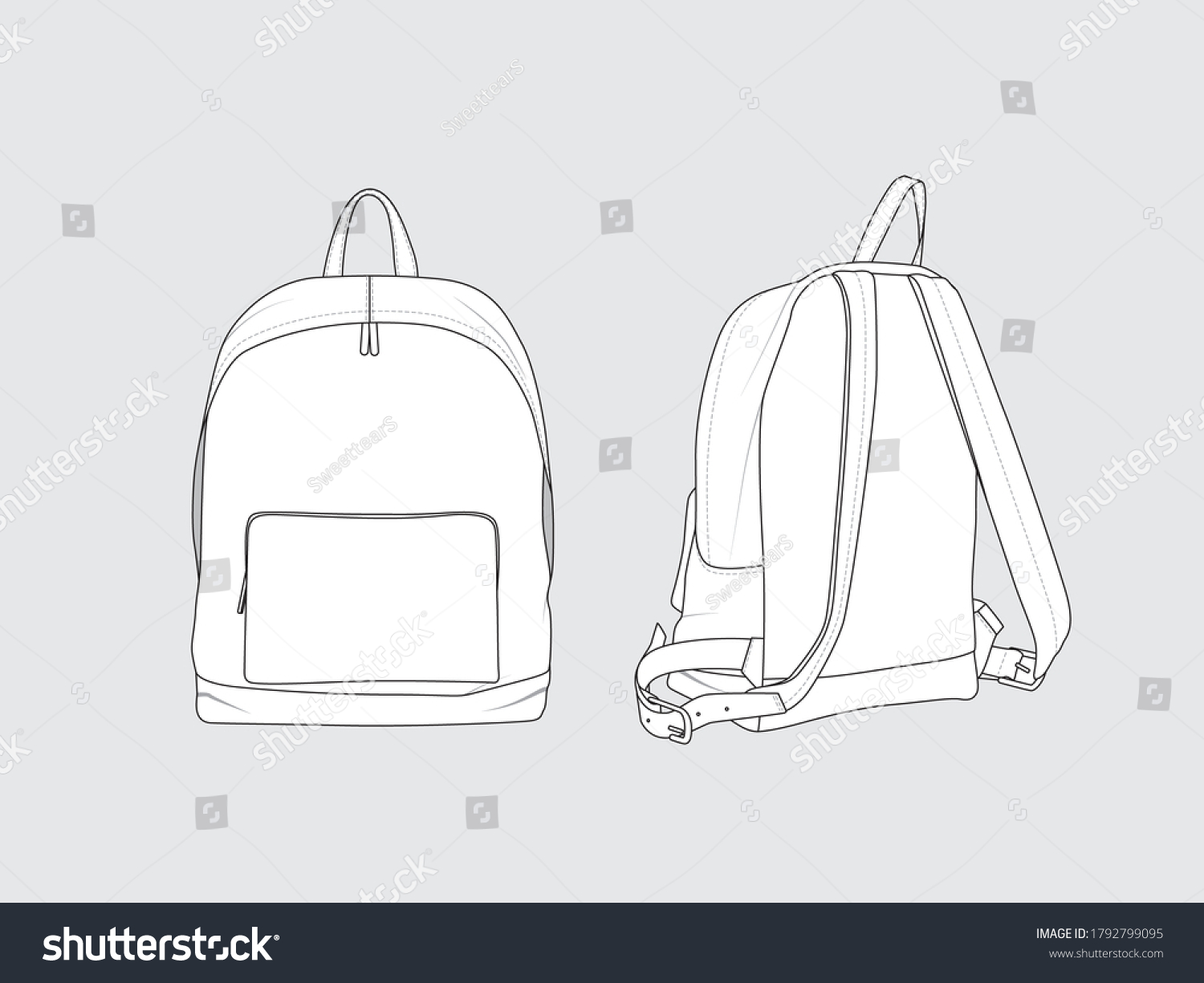 Backpack Flat Drawing Front Back Vector Stock Vector (Royalty Free ...