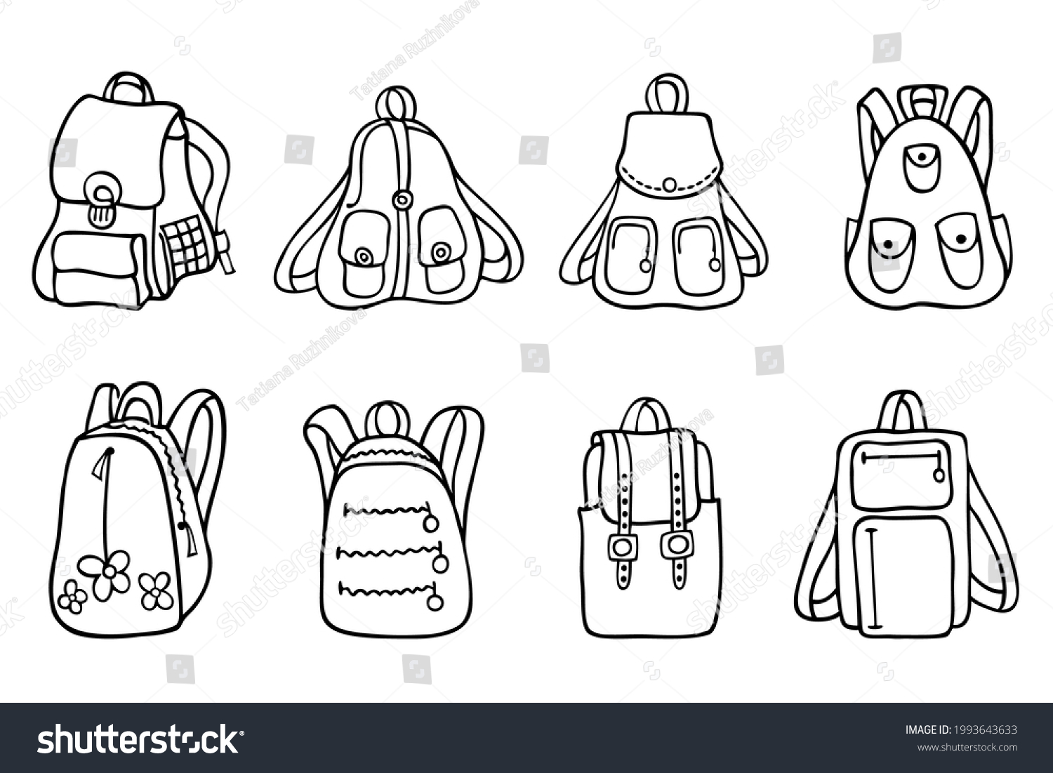 Backpacks Black White Illustration Set 8 Stock Vector (Royalty Free ...