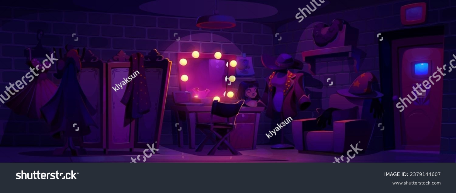 SVG of Backstage theater room in night. Cartoon vector dark empty interior of place to prepare actor before performance or filming with table and mirror for makeup, changeable clothing, screen for dressing. svg