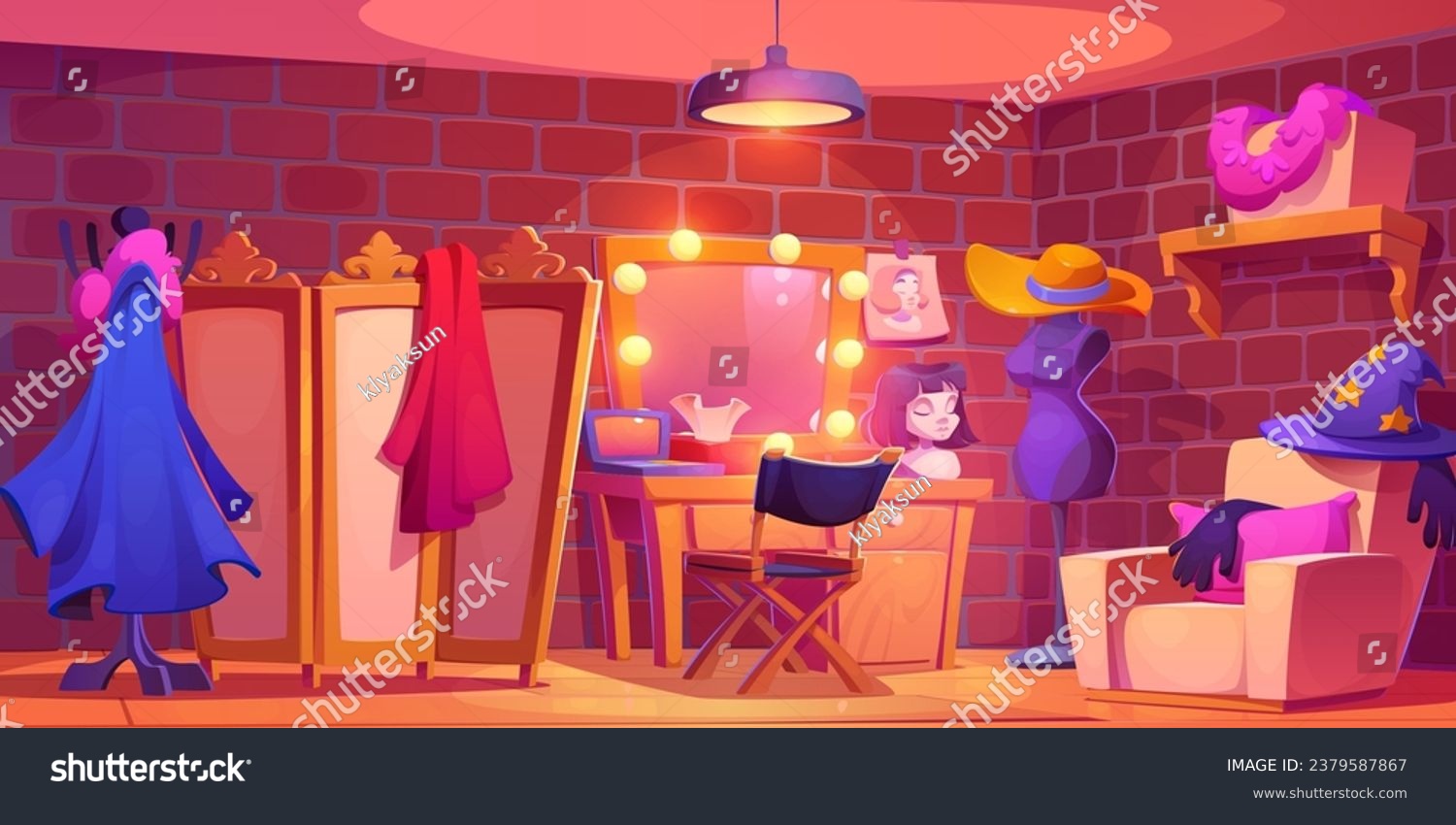 SVG of Backstage theater room interior with table and mirror for makeup, clothing and wigs, screen for dressing. Cartoon vector of changing clothes and actor prepare area before performance or filming. svg