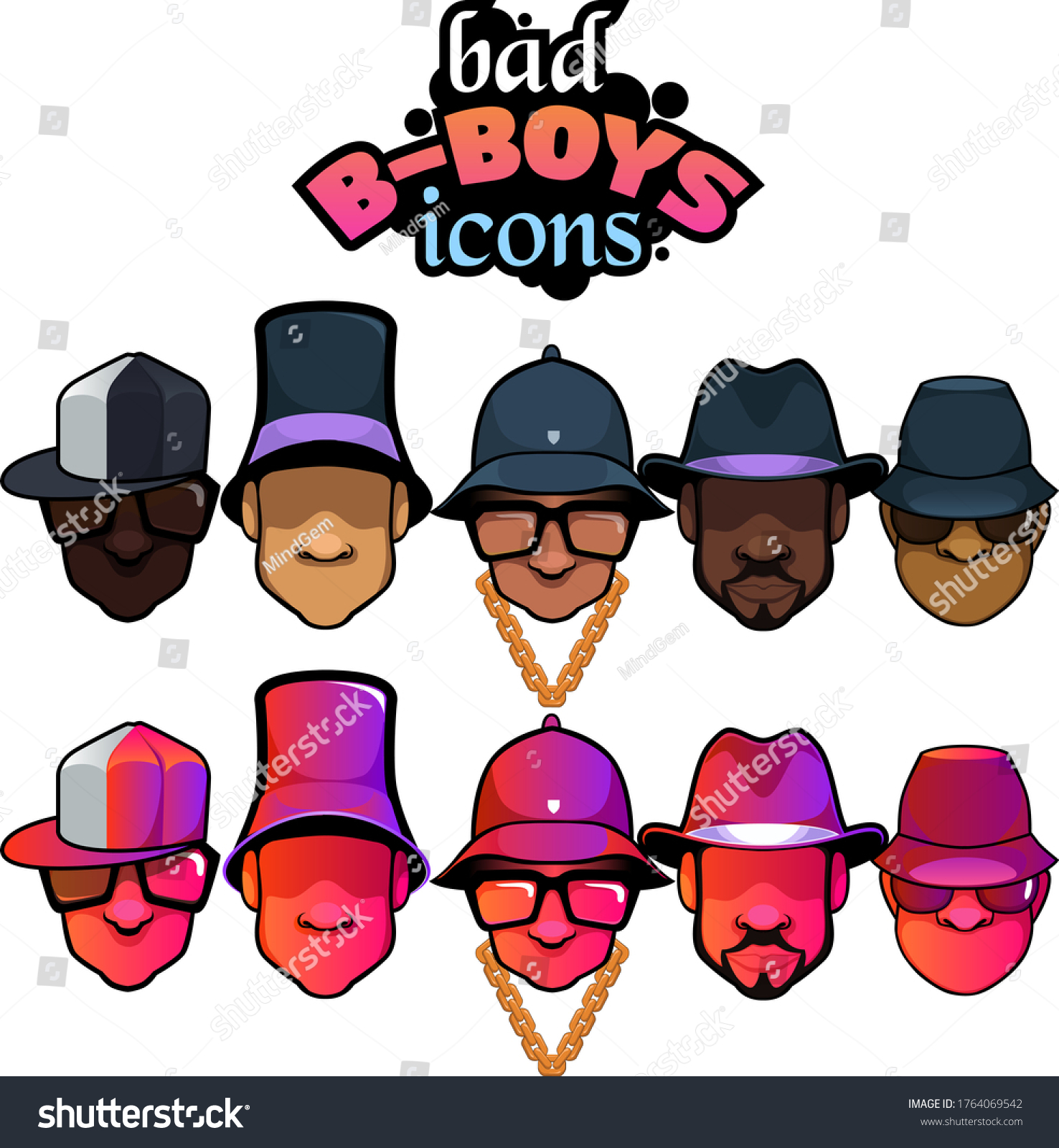 SVG of Bad B-boys For Life. A set of 5 cool bboys with different iconic hats from the 1980s.  svg