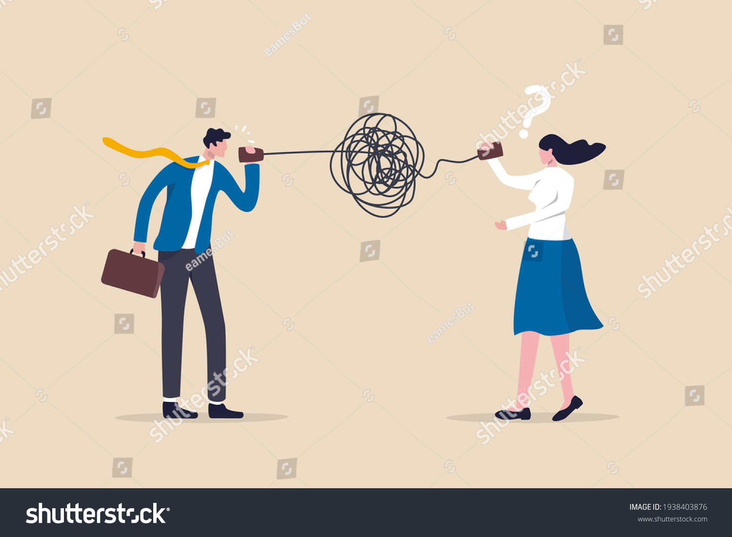 SVG of Bad communication, misunderstanding create confusion in work, miscommunicate unclear message and information concept, businessman talking through messy chaos, tangled phone line make other confused. svg