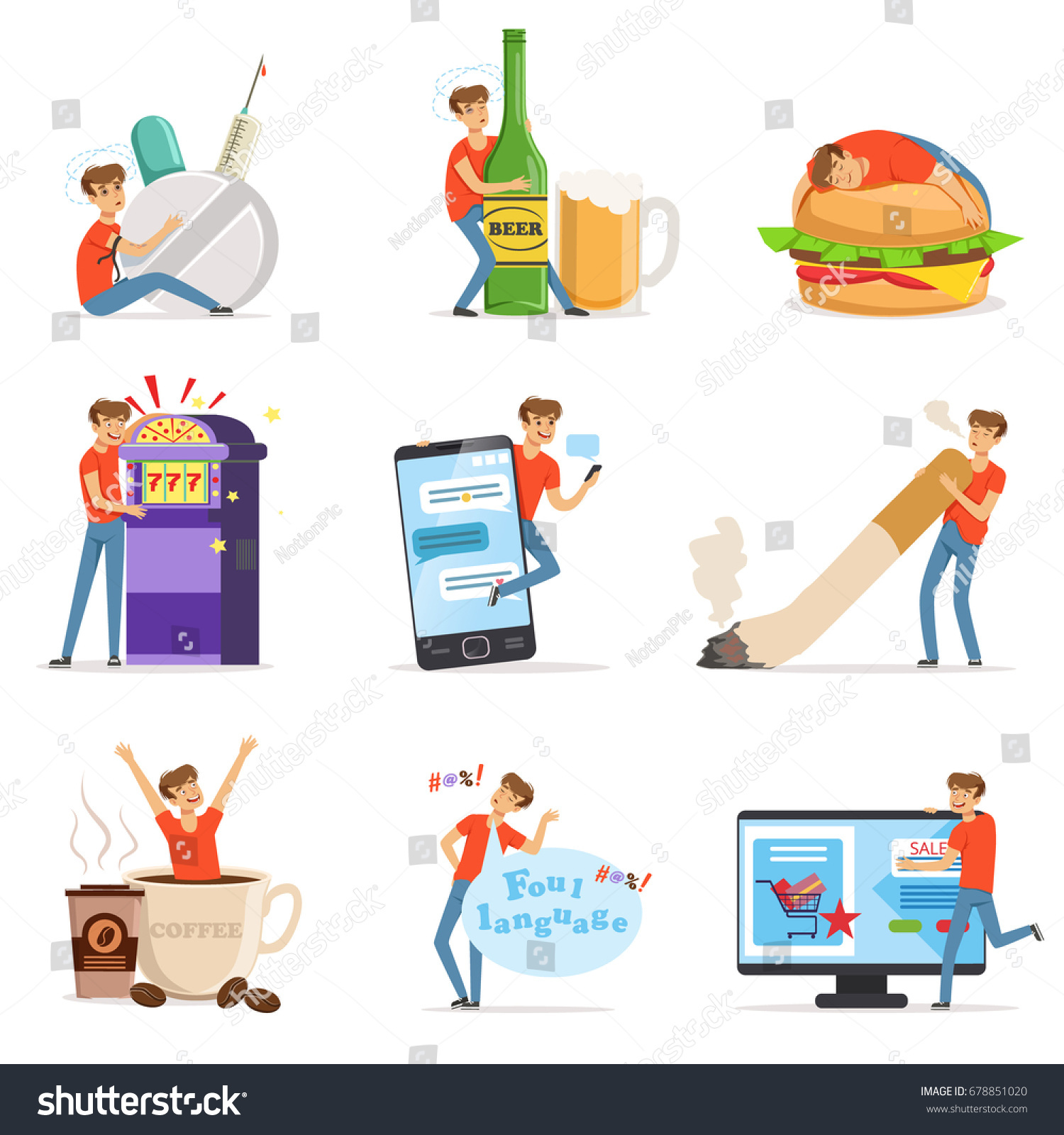 SVG of Bad habits set, alcoholism, drug addiction, smoking, gambling addiction, smartphone, shopping, coffeemania, gluttony with obesity vector Illustrations svg