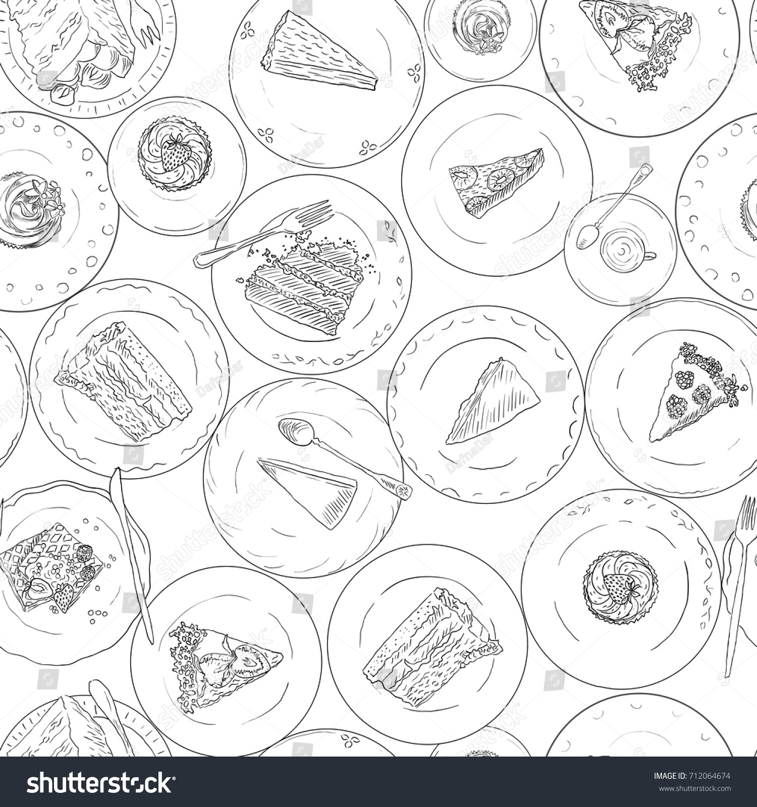 Bakery Cakes Pastries Linear Seamless Pattern Stock Vector Royalty