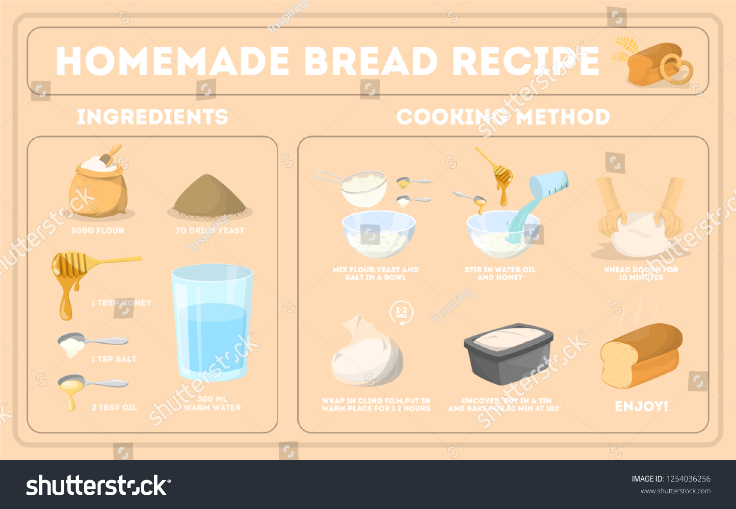 Baking Homemade Bread Recipe Flour Yeast Stock Vector Royalty Free 1254036256