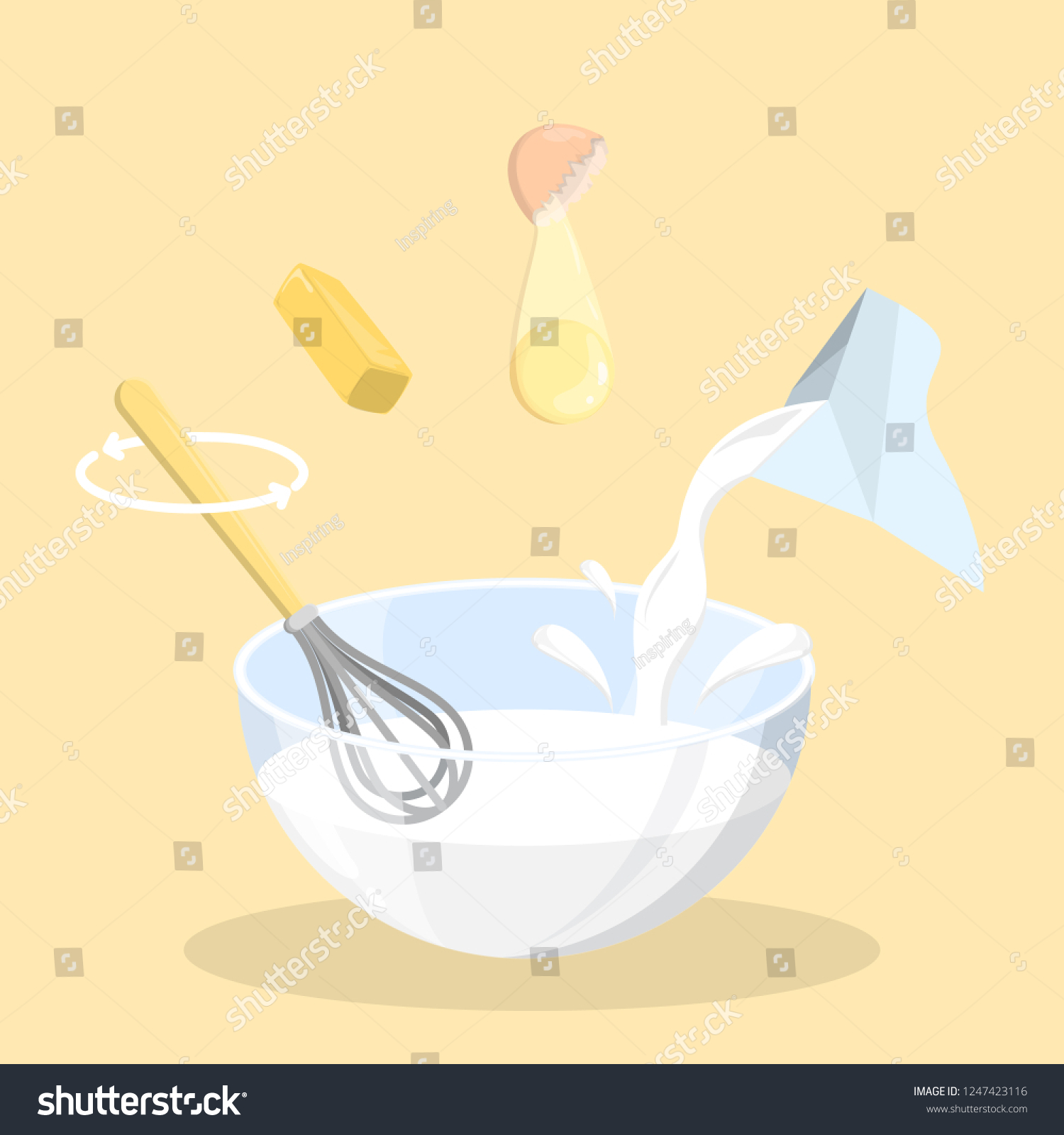 SVG of Baking ingredients for pancake in a bowl. Mixing milk, egg and butter for batter. Homemade food. Isolated vector illustration svg