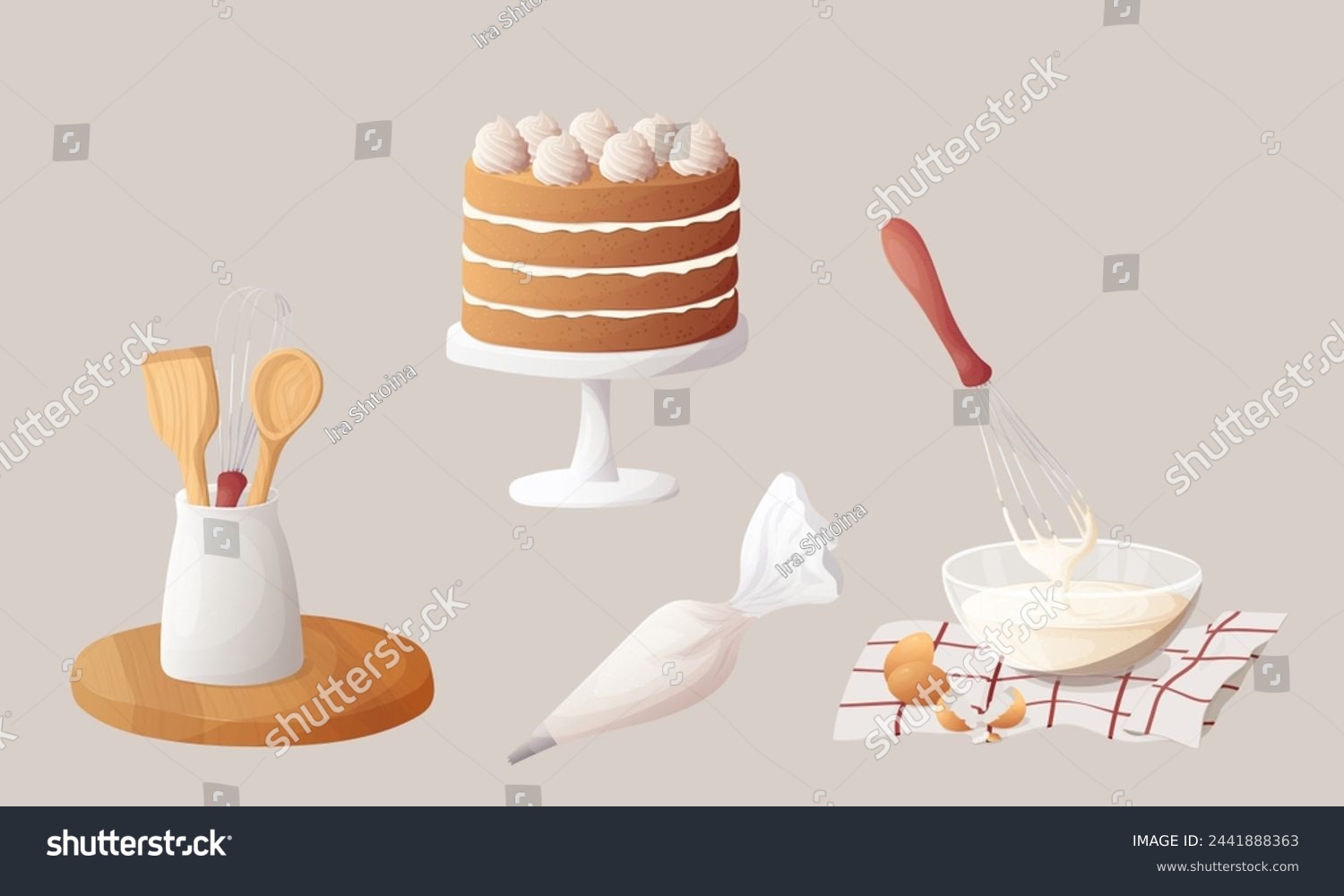 SVG of Baking set.  Cake, Mixer or whisk whipped cream, decorate cakes with cream from pastry bag. Bakery process vector illustration. Kitchenware, cooking utensil isolated on white svg