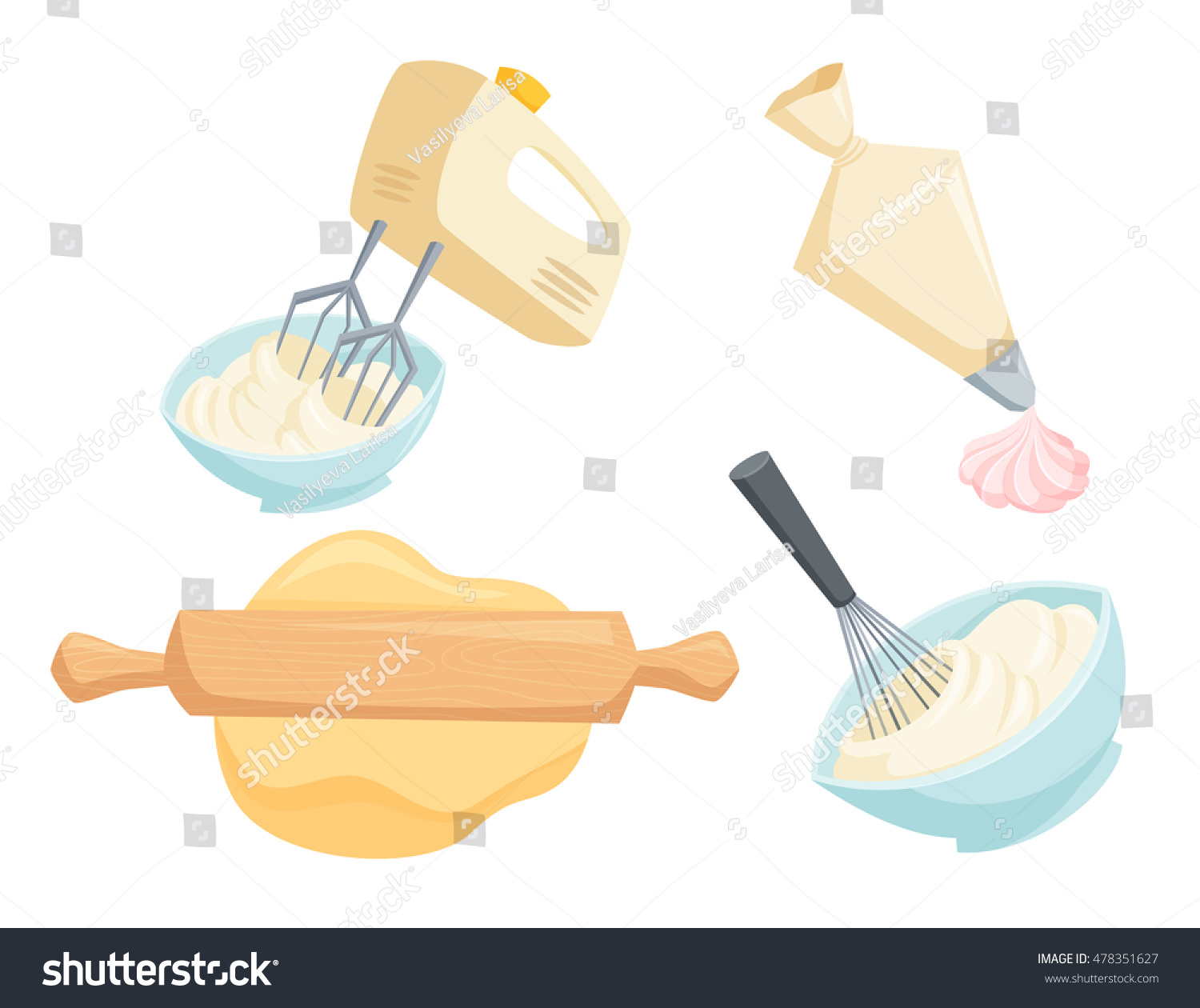 SVG of Baking set. Mixer or whisk whipped cream, roll out dough with rolling pin, decorate cakes with cream from pastry bag. Bakery process vector illustration. Kitchenware, cooking utensil isolated on white svg