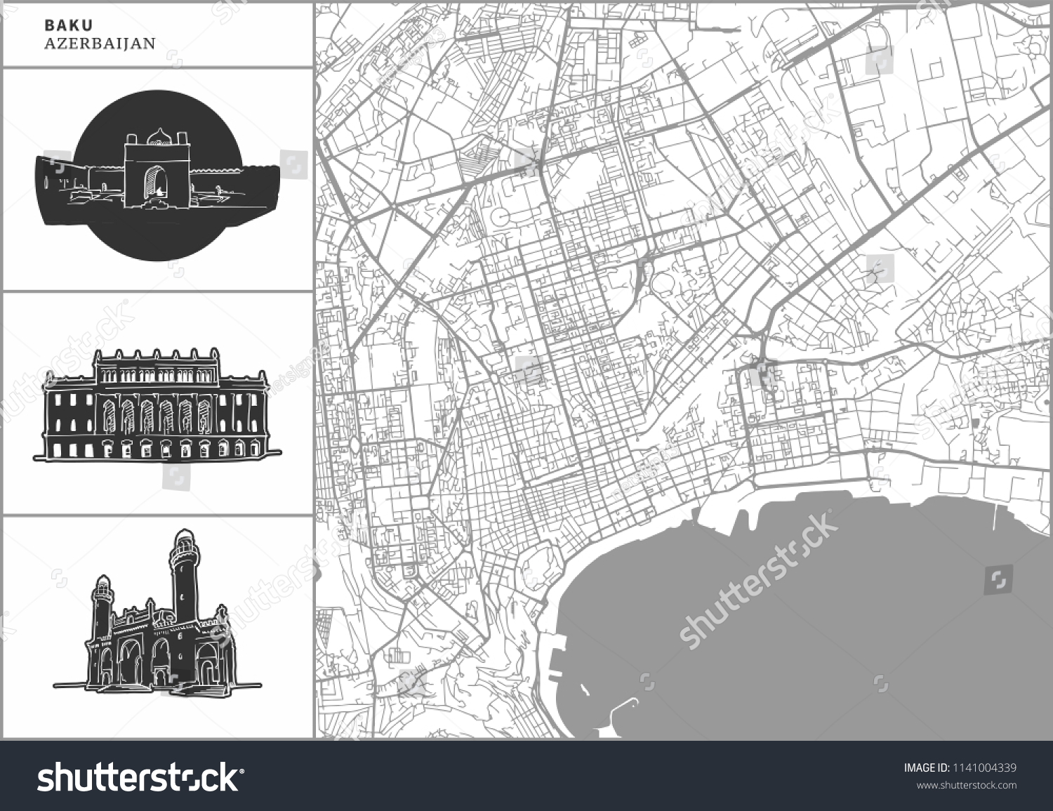 SVG of Baku city map with hand-drawn architecture icons. All drawigns, map and background separated for easy color change. Easy repositioning in vector version. svg