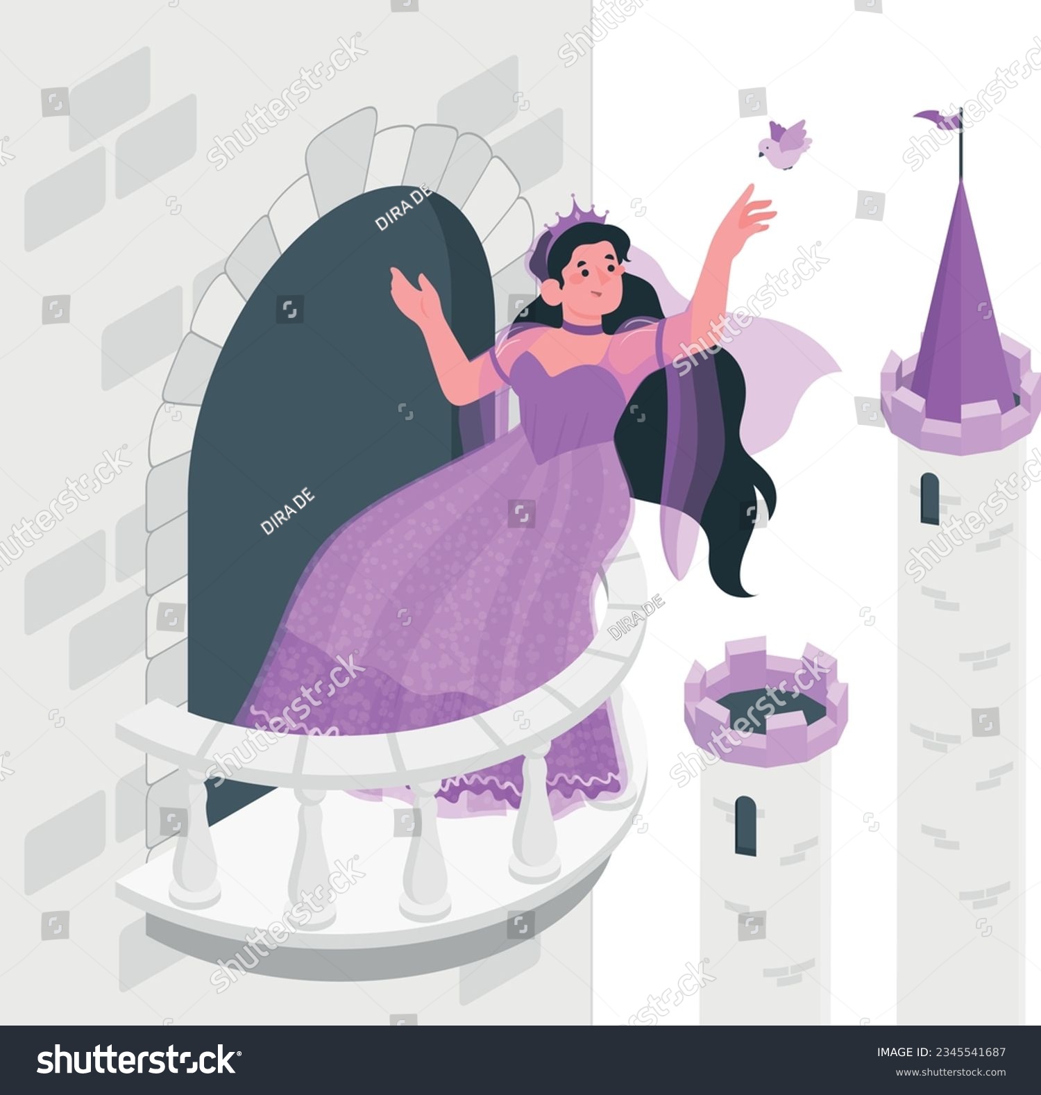 SVG of balcony castle contains a  Disney princess wearing purple dress enjoying air and butterfly vector illustration svg