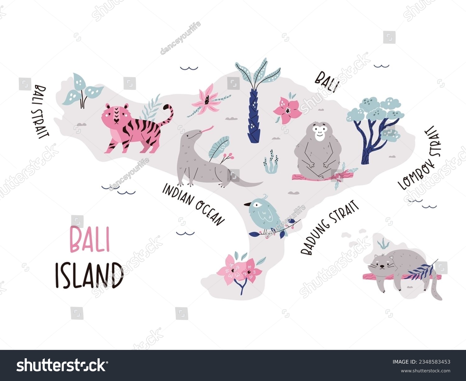 SVG of Bali hand drawn map with funny animals. Cartoon illustration of Indonesian island. Travel poster, postcard, banner, design svg