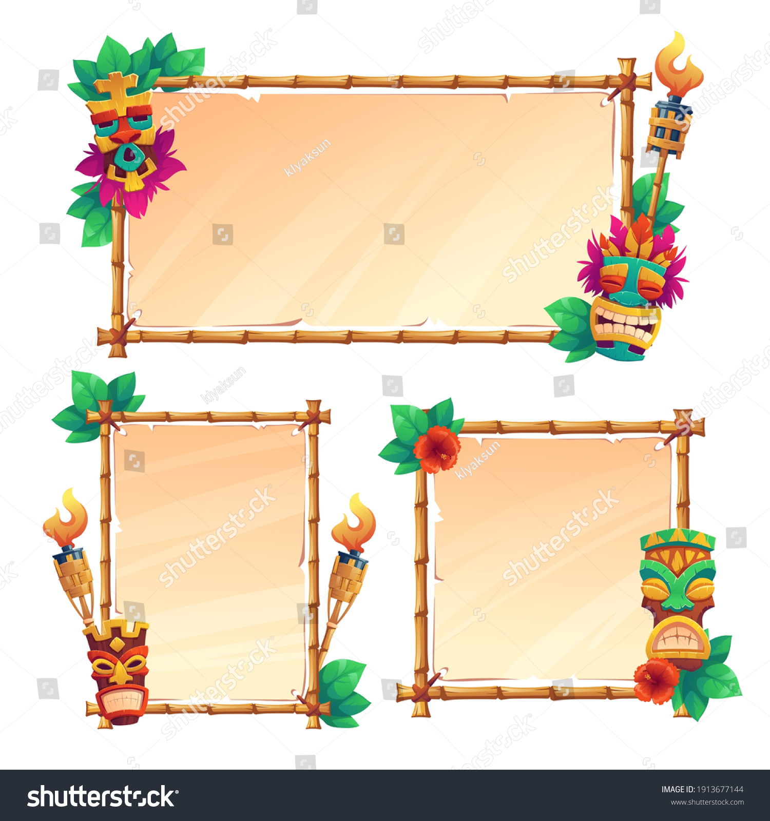 Bamboo Frames Tiki Masks Old Parchment Stock Vector Royalty Free