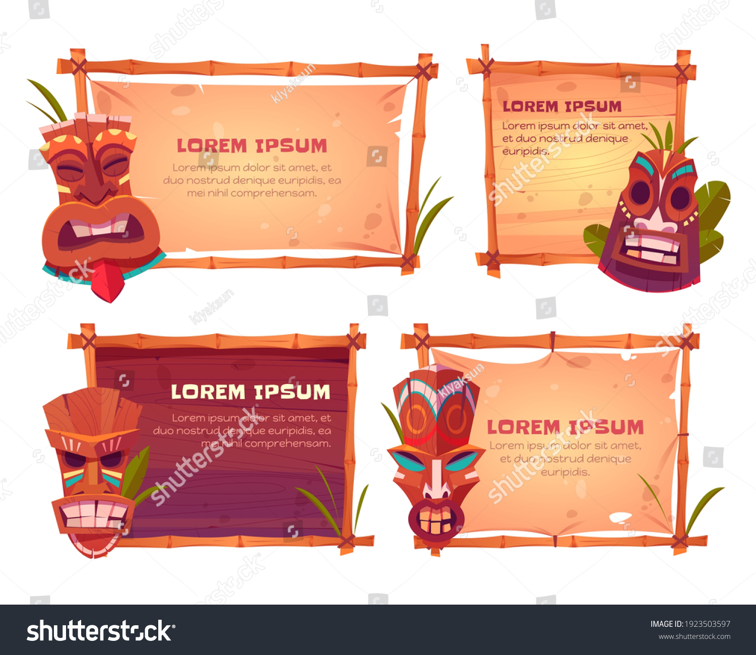 SVG of Bamboo frames with tiki masks. Vector cartoon set of beach sign boards with bamboo sticks, old canvas or paper, tropical leaves and wooden hawaiian tribal totems svg