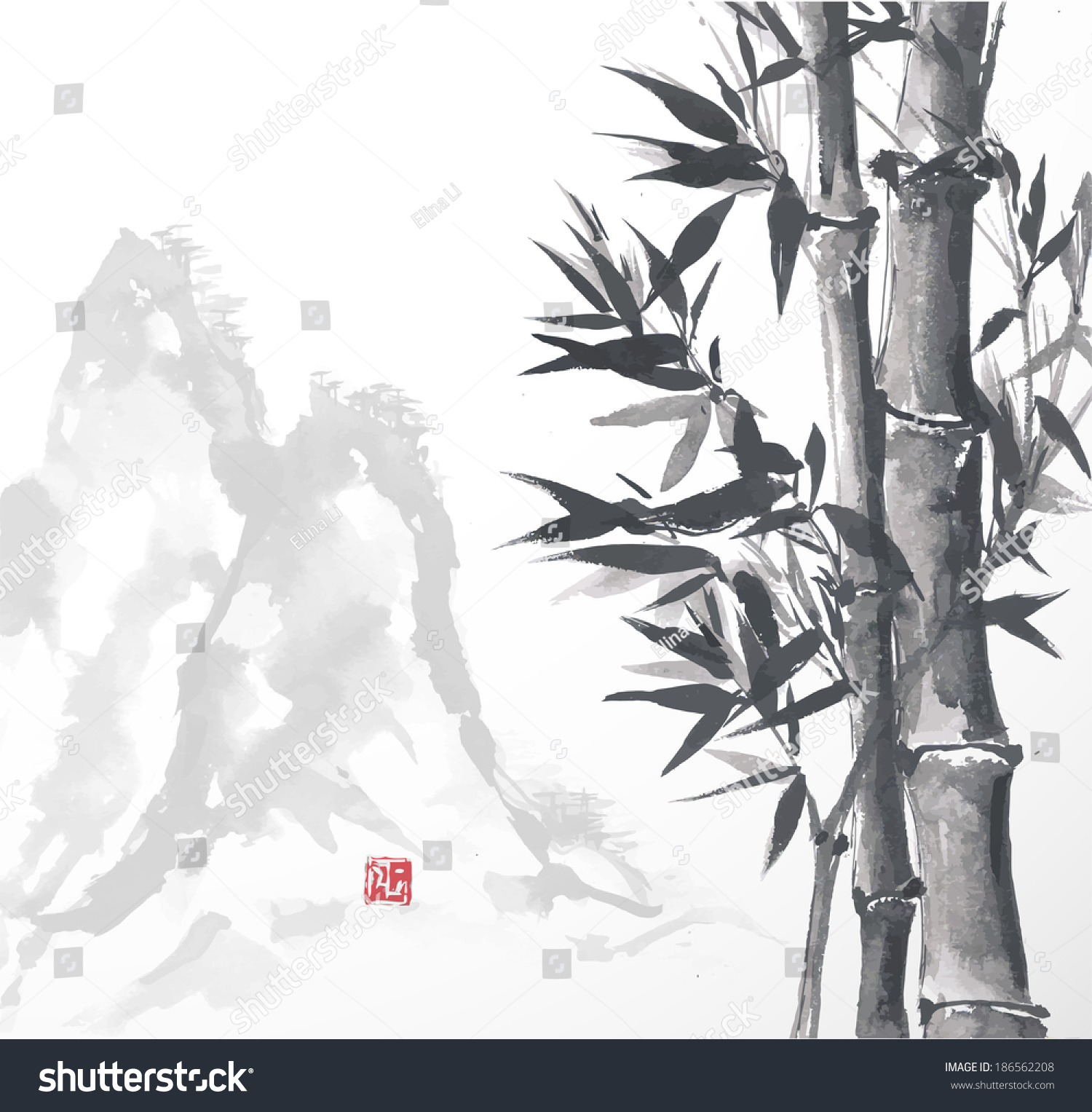 Bamboo Trees And High Mountains, Hand-Drawn With Ink In Traditional ...