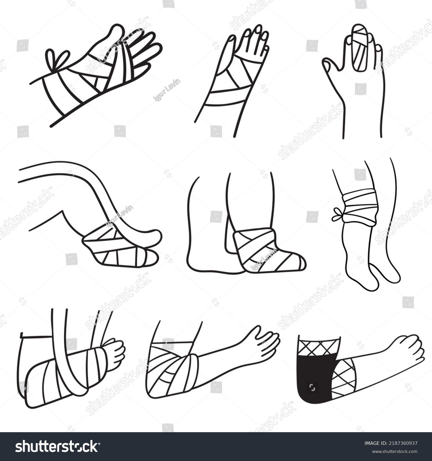 SVG of Bandage on hands, legs, arms. Collection of outline icons. Injury. Illustrations on white background. svg