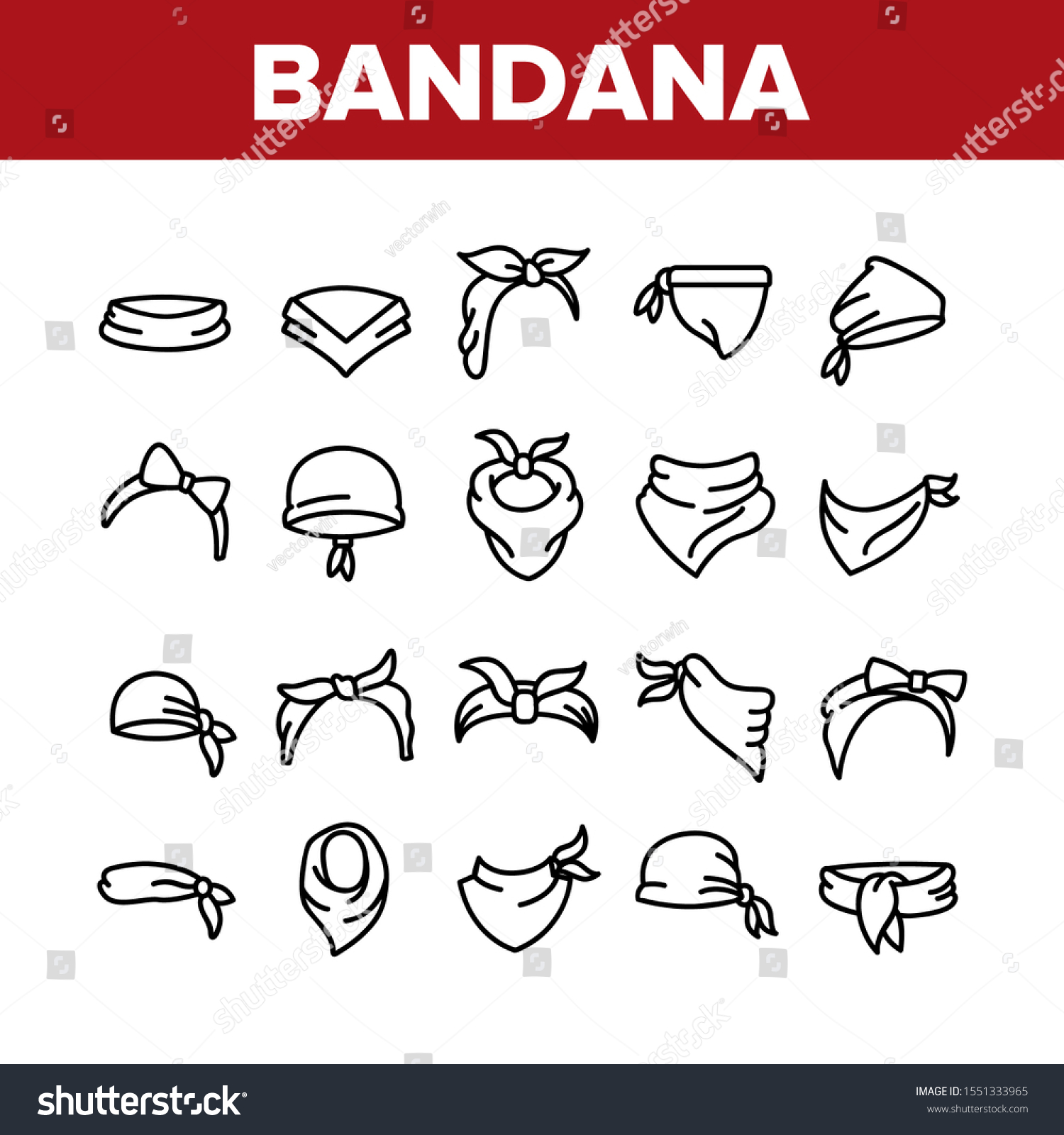 SVG of Bandana Hats Collection Elements Icons Set Vector Thin Line. Bandana Windy Hair Dressing, Headband For Woman Hairstyle, Cowboy Face Mask Concept Linear Pictograms. Monochrome Contour Illustrations svg