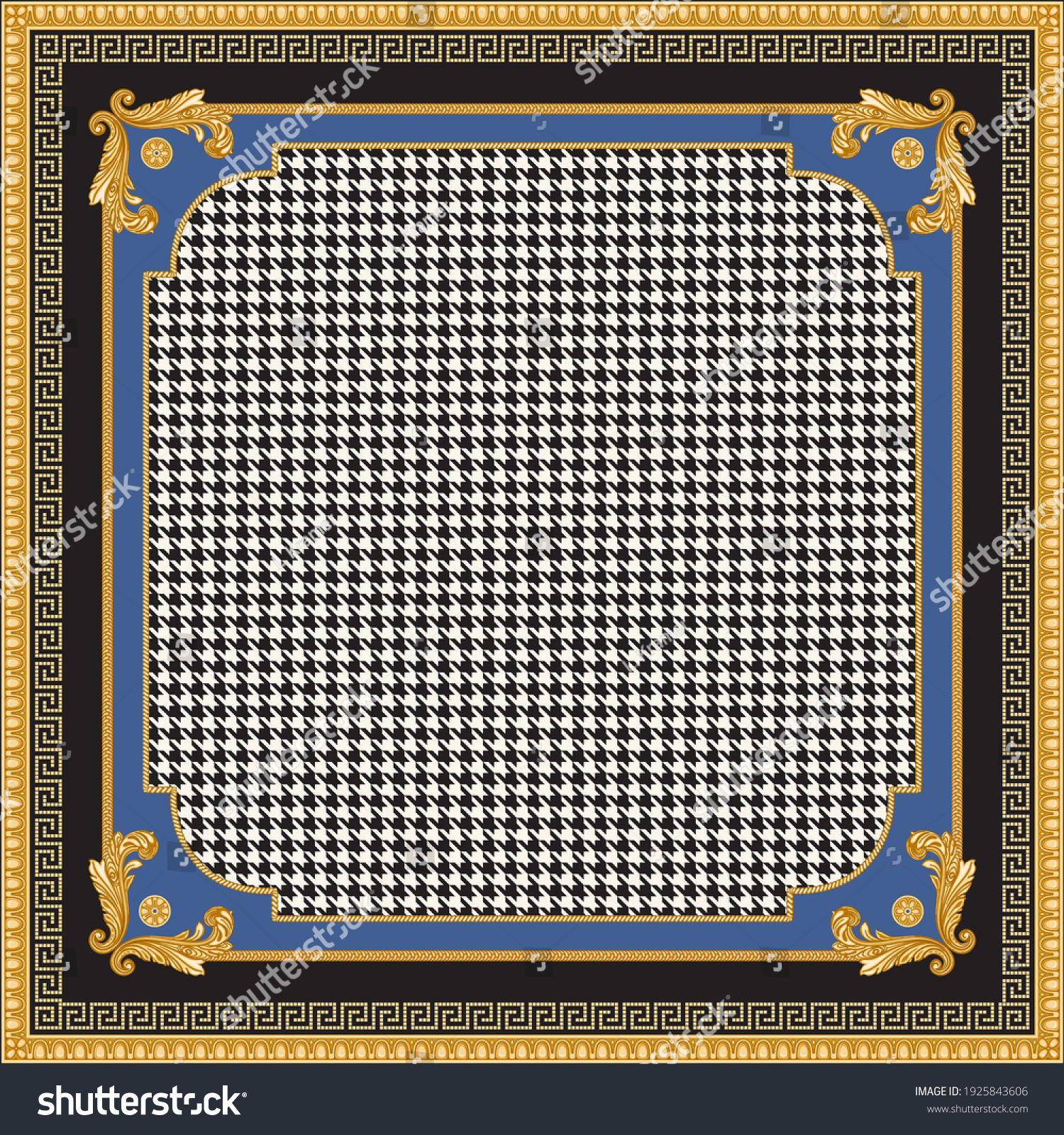 SVG of Bandana, pocket square range print on a black and white chicken feet pied-de-poule pattern background, with blue and golden frames, Gold cables, Meanders, Greek egg  frieze, Baroque scrolls  svg