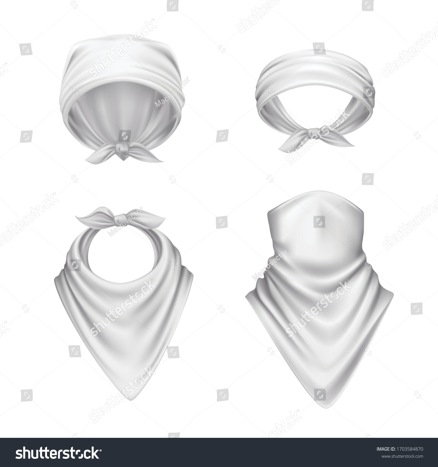 SVG of Bandana scarf buff handkerchief reailstic set of isolated white head coverings with folds on blank background vector illustration svg