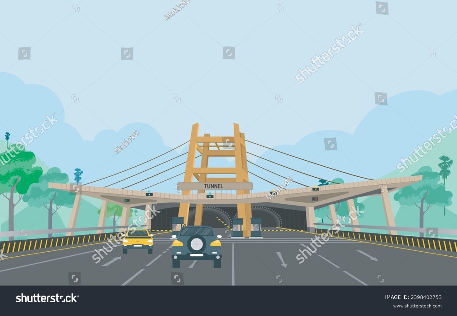 SVG of Bangabandhu Sheikh Mujib Tunnel in Bangladesh illustration, Road tunnel concept. Horizontal mountain landscape with entrance to the tunnel. Vector illustration in flat style svg