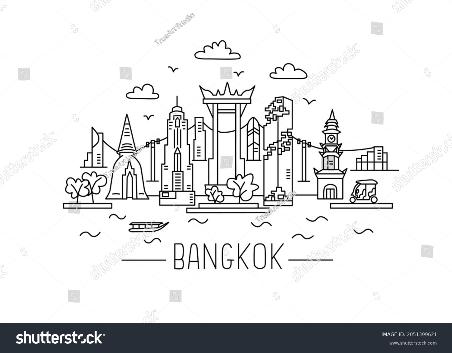 Bangkok Lineart Illustration Bangkok Line Drawing Vector có sẵn (miễn