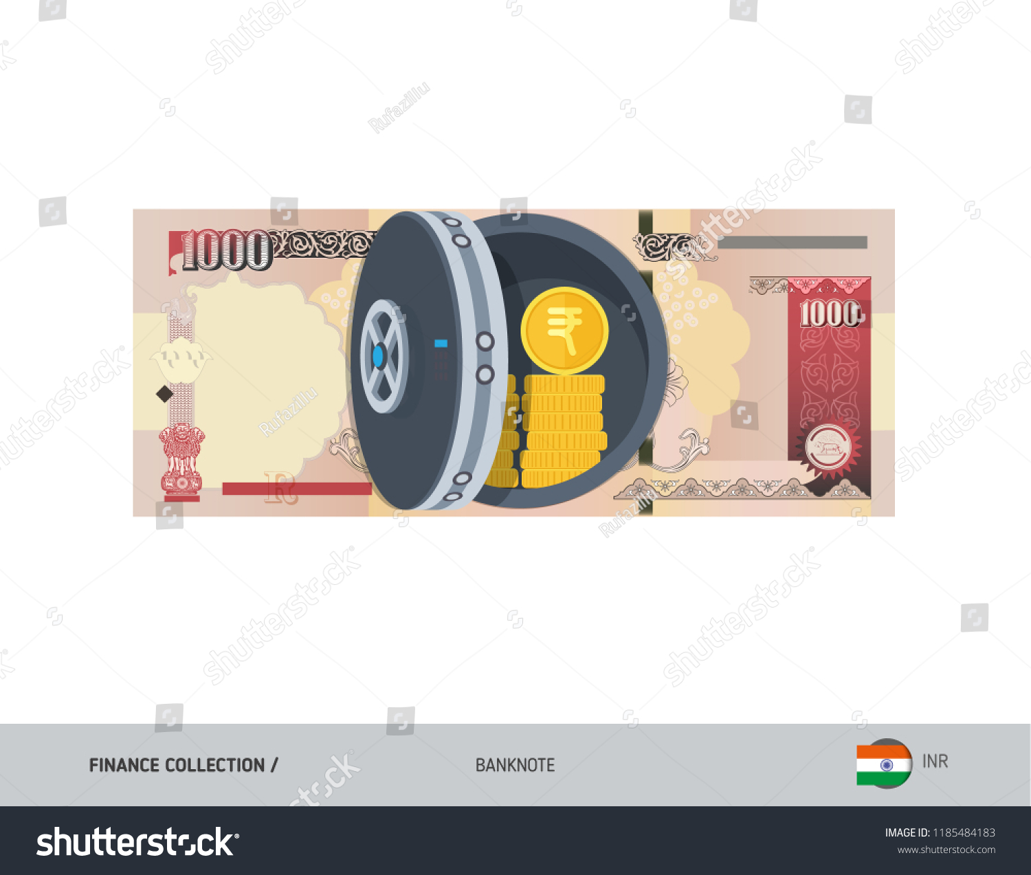 SVG of Bank safe with 1000 Indian Rupee Banknote. Flat style vector illustration. Safe money concept. svg