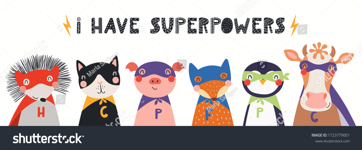 SVG of Banner, card with cute funny animal superheroes, quote I have superpowers. Hand drawn vector illustration. Isolated objects on white background. Scandinavian style flat design. Concept for kids print. svg