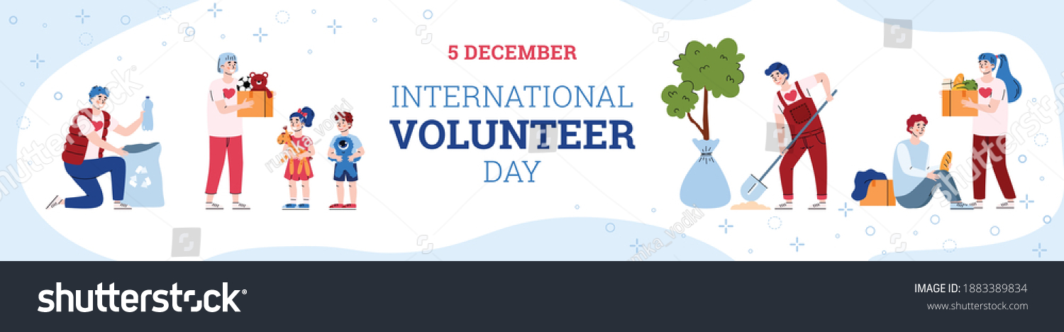 SVG of Banner for International volunteer day. Volunteering, donate, help for poor and homeless and care environment. People doing social charity activities. Vector illustration with text svg