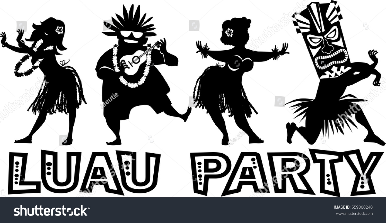 SVG of Banner for luau party with people dressed in traditional costumes, EPS 8 vector silhouette, no white objects svg