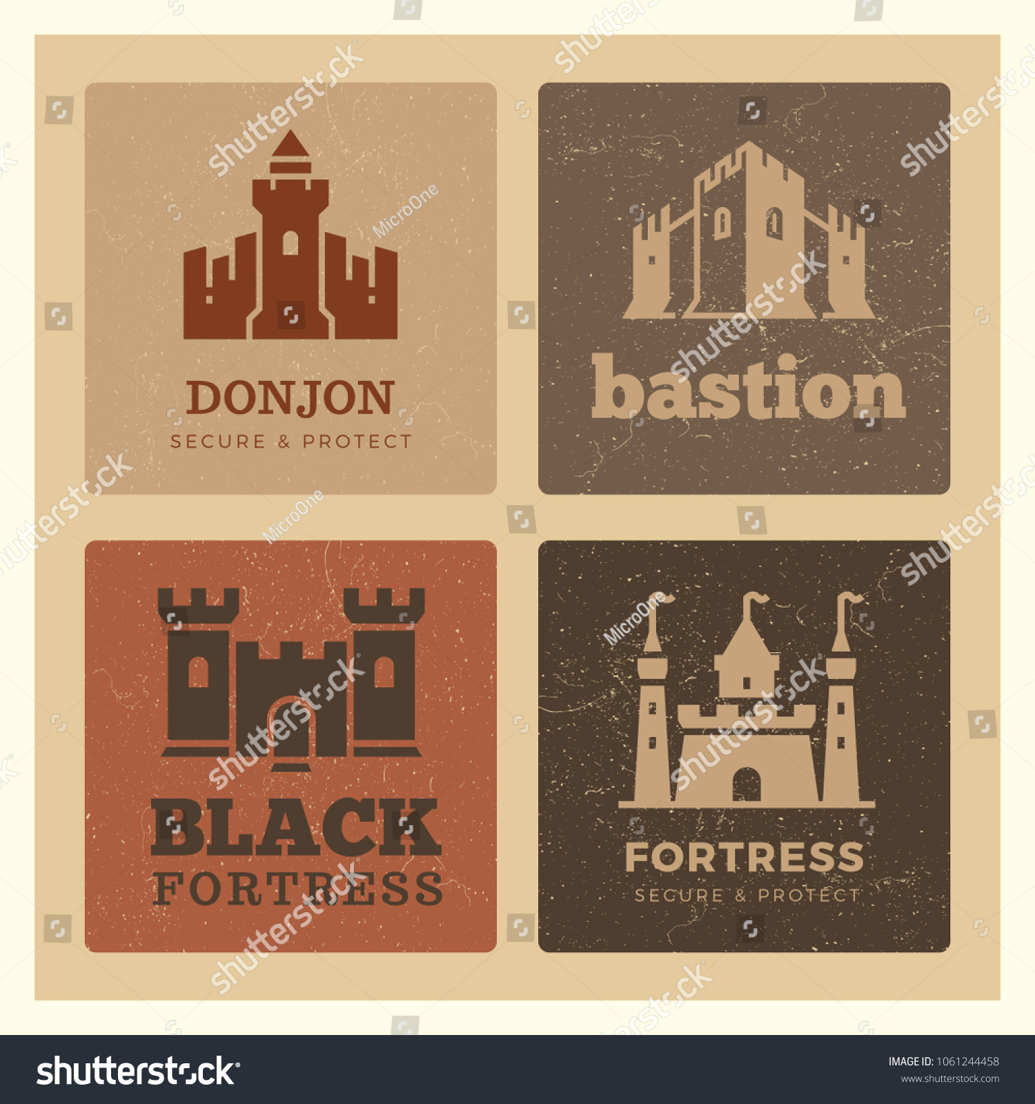 SVG of Banner with grunge castles, fortress, bastion label design. Medieval logos set. Vector illustration svg