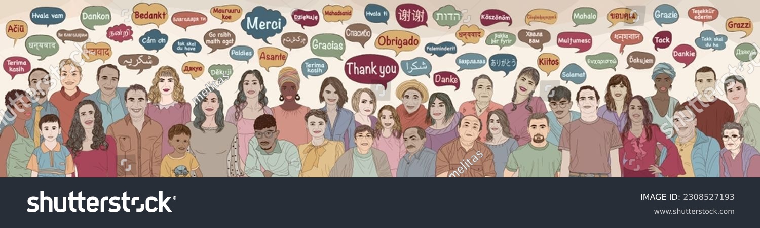 SVG of Banner with many people of different ages and cultures with speech bubble with text -Thank you- in various languages and dialects of different countries and continents. Hand drawing svg
