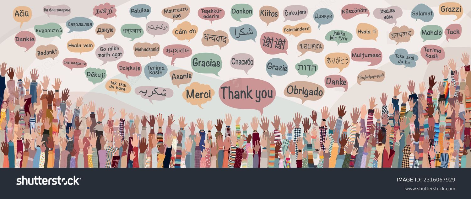 SVG of Banner with many raised hands of people diversity from different nations and continents with speech bubbles with text -thank you- in various international languages.Communication.Equal svg