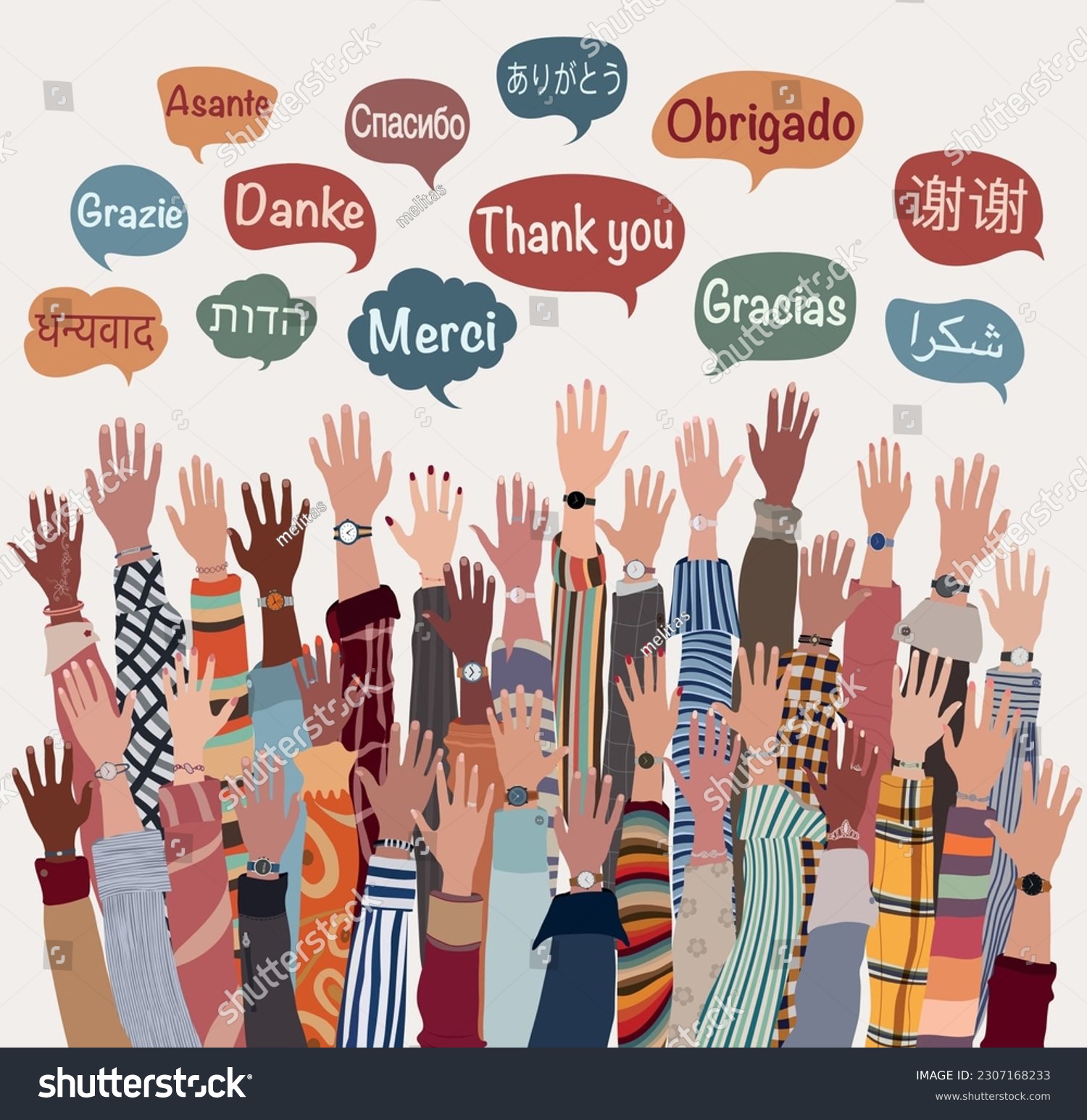 SVG of Banner with raised hands of multicultural people from different nations and continents with speech bubbles with text -thank you- in various international languages. Communication. Equal svg