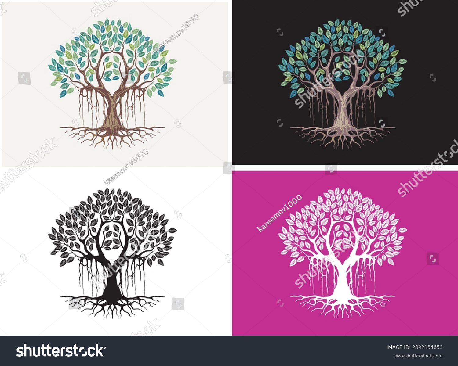 SVG of banyan tree illustrations in four color variants svg