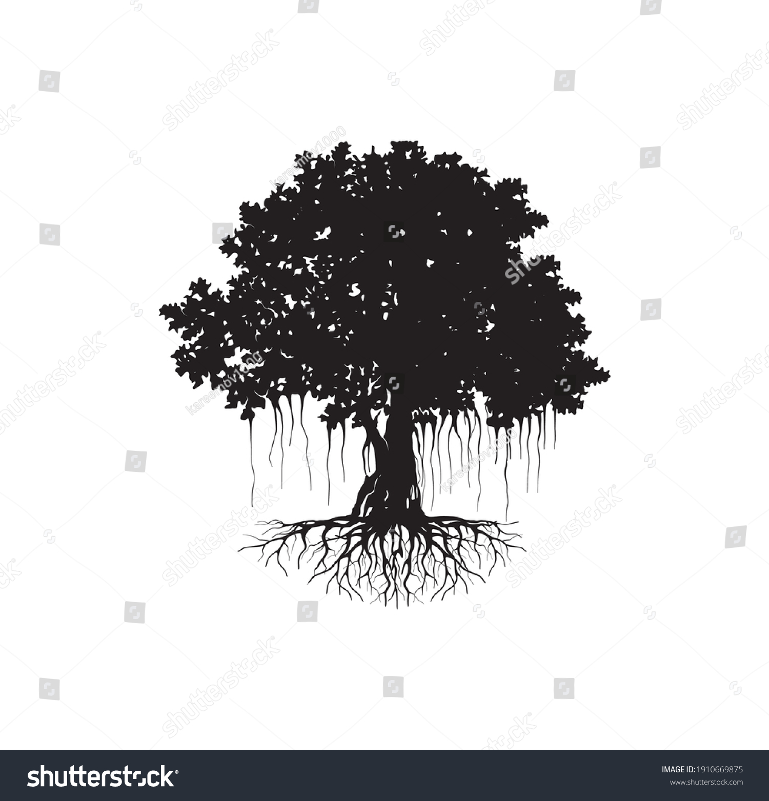 SVG of Banyan tree vector silhouette with black on white svg