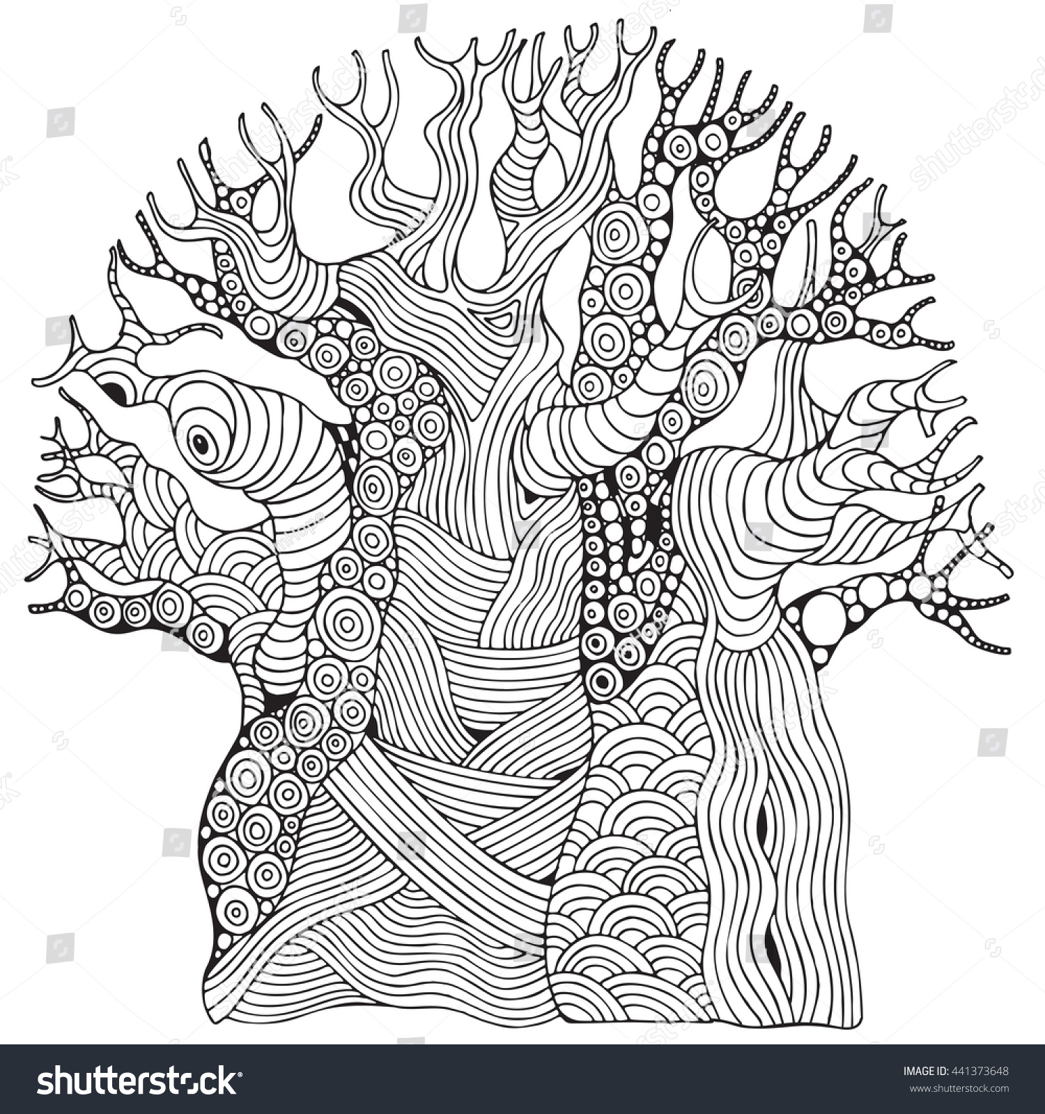 SVG of Baobab tree. African tree. Coloring book page for adult and children. Zentangle style. Black and white, monochrome illustration. svg