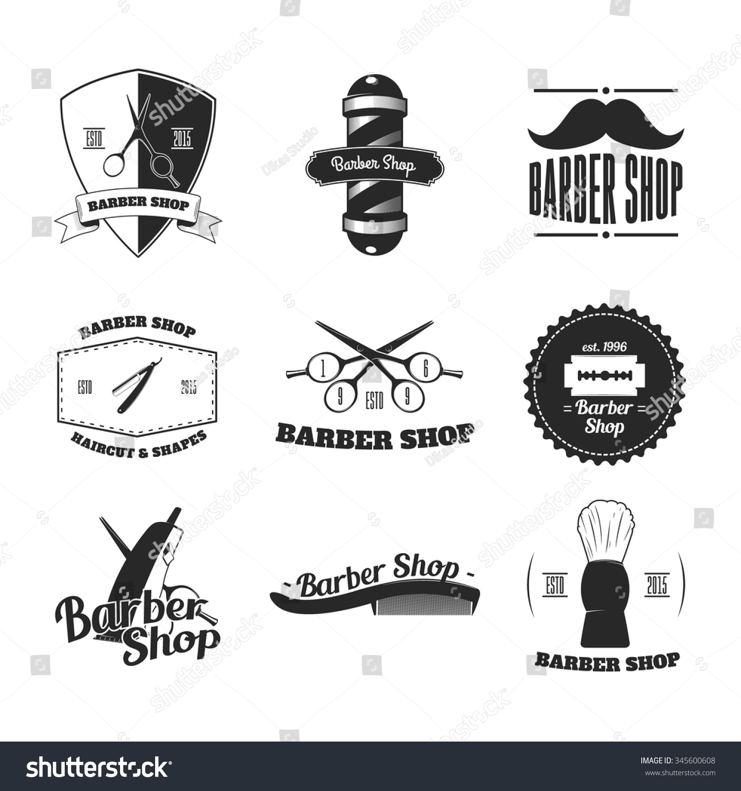 Barber Shop Emblem Label Badges Set Stock Vector